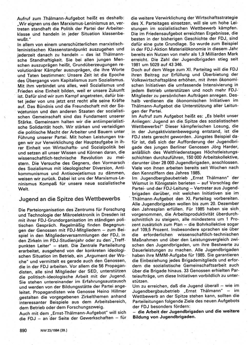 Neuer Weg (NW), Organ des Zentralkomitees (ZK) der SED (Sozialistische Einheitspartei Deutschlands) für Fragen des Parteilebens, 39. Jahrgang [Deutsche Demokratische Republik (DDR)] 1984, Seite 890 (NW ZK SED DDR 1984, S. 890)