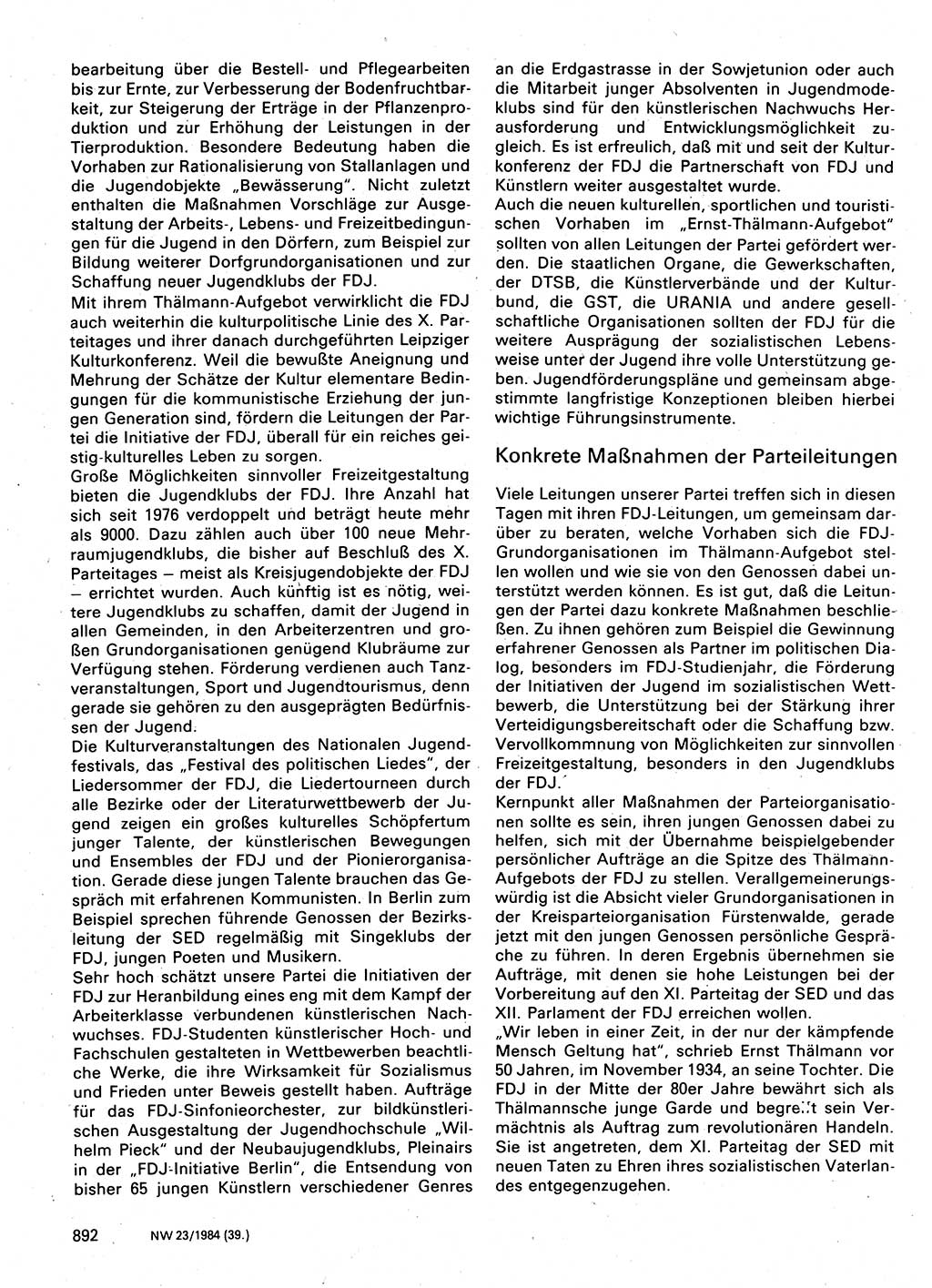 Neuer Weg (NW), Organ des Zentralkomitees (ZK) der SED (Sozialistische Einheitspartei Deutschlands) für Fragen des Parteilebens, 39. Jahrgang [Deutsche Demokratische Republik (DDR)] 1984, Seite 892 (NW ZK SED DDR 1984, S. 892)