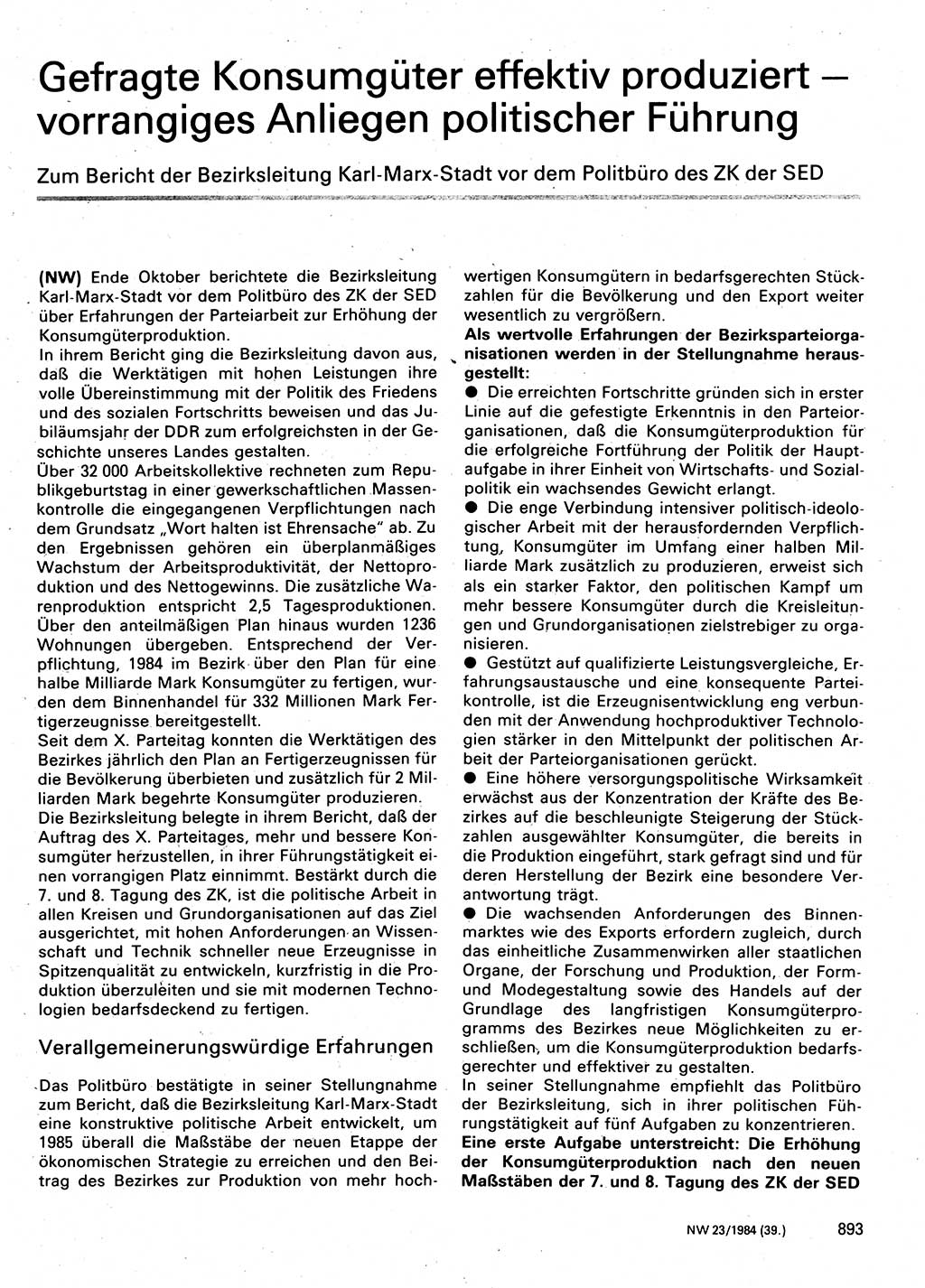 Neuer Weg (NW), Organ des Zentralkomitees (ZK) der SED (Sozialistische Einheitspartei Deutschlands) für Fragen des Parteilebens, 39. Jahrgang [Deutsche Demokratische Republik (DDR)] 1984, Seite 893 (NW ZK SED DDR 1984, S. 893)