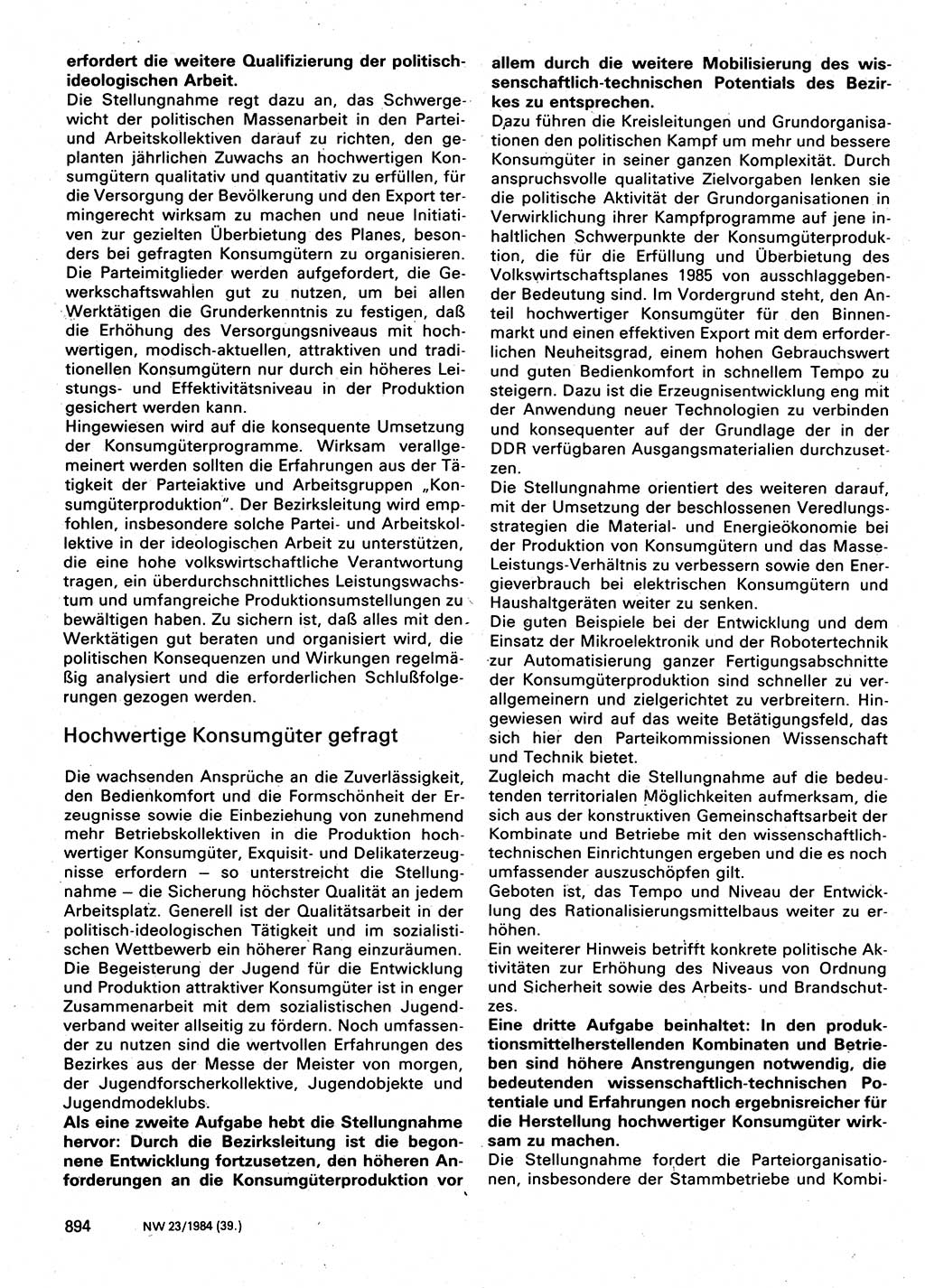 Neuer Weg (NW), Organ des Zentralkomitees (ZK) der SED (Sozialistische Einheitspartei Deutschlands) für Fragen des Parteilebens, 39. Jahrgang [Deutsche Demokratische Republik (DDR)] 1984, Seite 894 (NW ZK SED DDR 1984, S. 894)