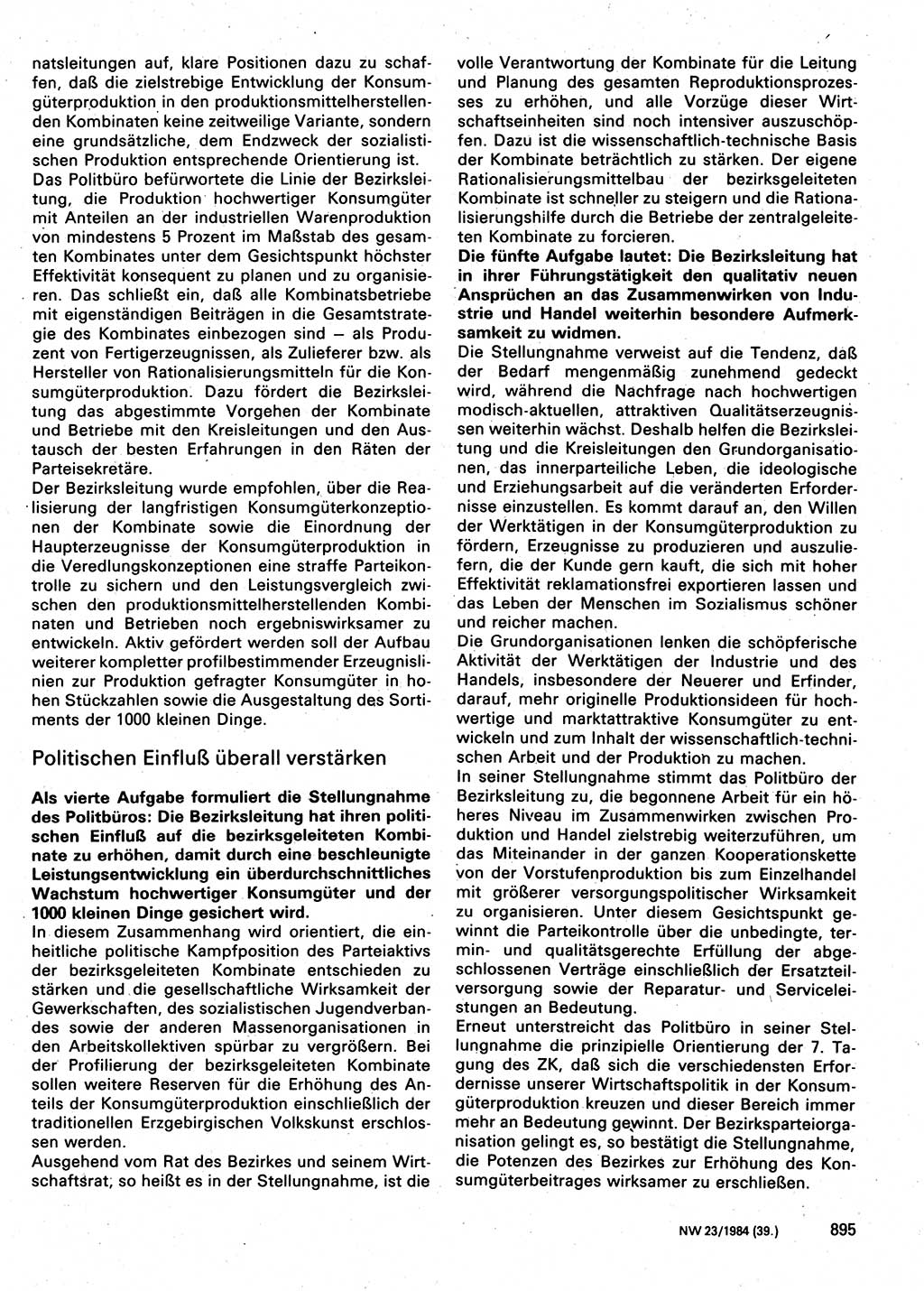 Neuer Weg (NW), Organ des Zentralkomitees (ZK) der SED (Sozialistische Einheitspartei Deutschlands) für Fragen des Parteilebens, 39. Jahrgang [Deutsche Demokratische Republik (DDR)] 1984, Seite 895 (NW ZK SED DDR 1984, S. 895)