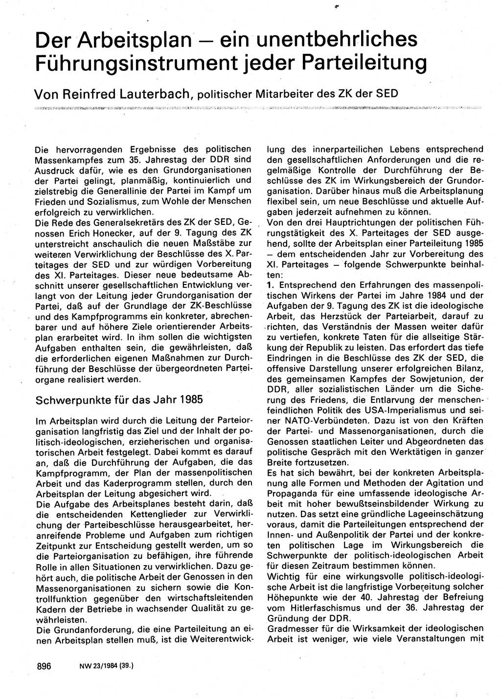 Neuer Weg (NW), Organ des Zentralkomitees (ZK) der SED (Sozialistische Einheitspartei Deutschlands) für Fragen des Parteilebens, 39. Jahrgang [Deutsche Demokratische Republik (DDR)] 1984, Seite 896 (NW ZK SED DDR 1984, S. 896)