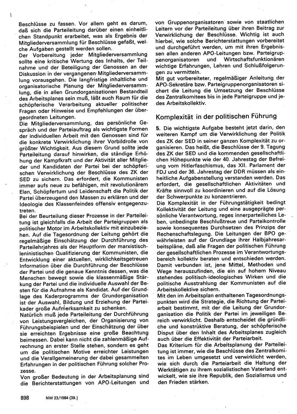 Neuer Weg (NW), Organ des Zentralkomitees (ZK) der SED (Sozialistische Einheitspartei Deutschlands) für Fragen des Parteilebens, 39. Jahrgang [Deutsche Demokratische Republik (DDR)] 1984, Seite 898 (NW ZK SED DDR 1984, S. 898)