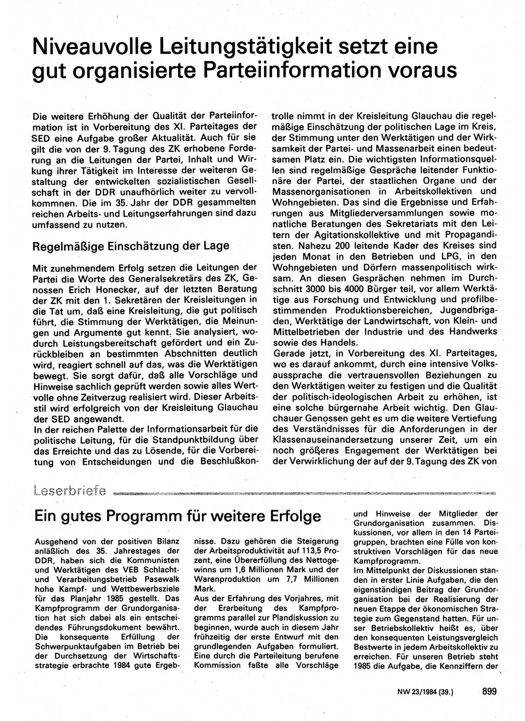 Neuer Weg (NW), Organ des Zentralkomitees (ZK) der SED (Sozialistische Einheitspartei Deutschlands) für Fragen des Parteilebens, 39. Jahrgang [Deutsche Demokratische Republik (DDR)] 1984, Seite 899 (NW ZK SED DDR 1984, S. 899)