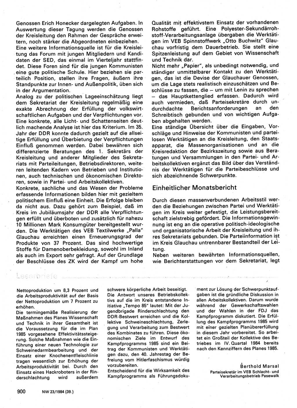 Neuer Weg (NW), Organ des Zentralkomitees (ZK) der SED (Sozialistische Einheitspartei Deutschlands) für Fragen des Parteilebens, 39. Jahrgang [Deutsche Demokratische Republik (DDR)] 1984, Seite 900 (NW ZK SED DDR 1984, S. 900)