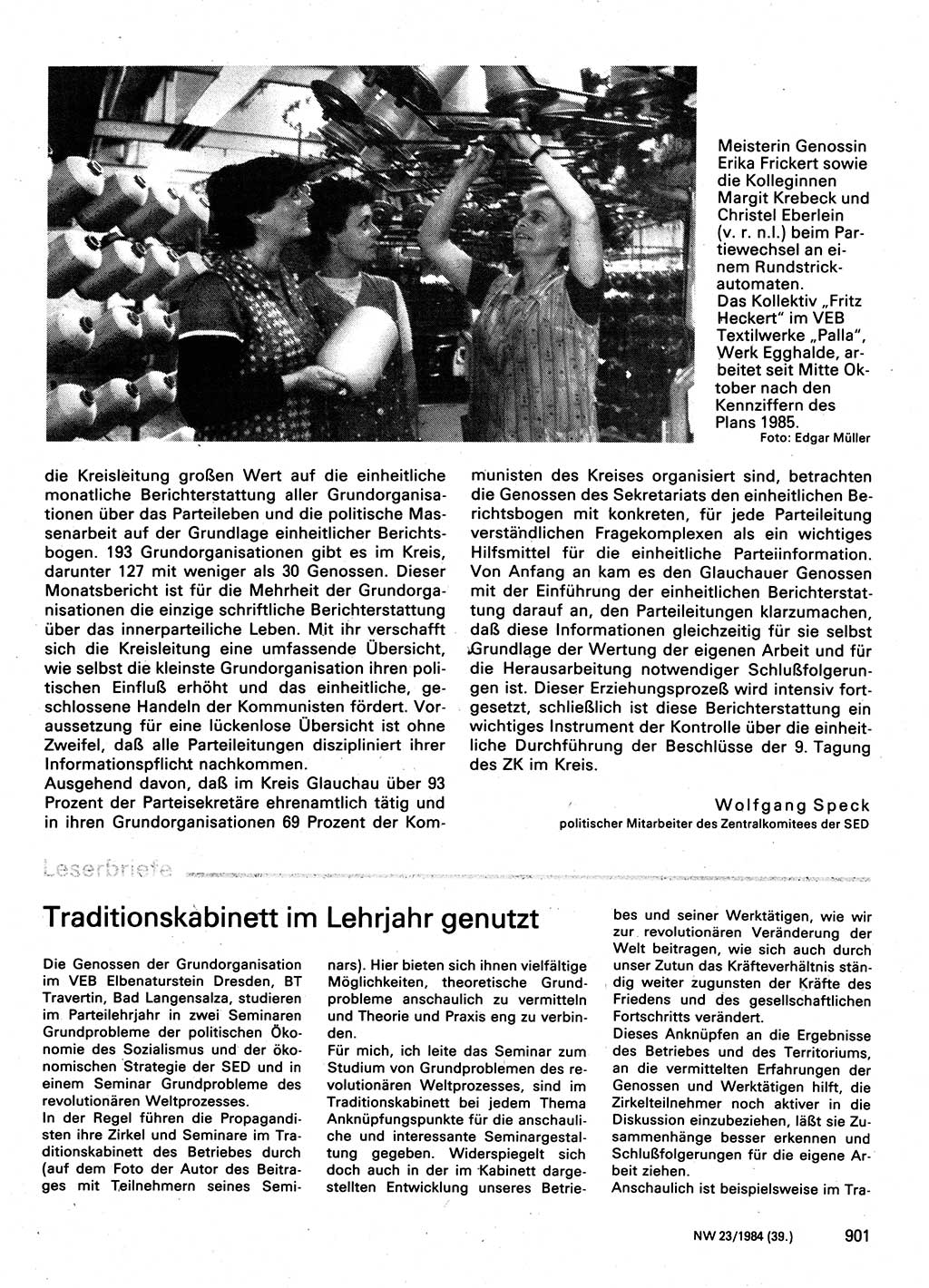 Neuer Weg (NW), Organ des Zentralkomitees (ZK) der SED (Sozialistische Einheitspartei Deutschlands) für Fragen des Parteilebens, 39. Jahrgang [Deutsche Demokratische Republik (DDR)] 1984, Seite 901 (NW ZK SED DDR 1984, S. 901)