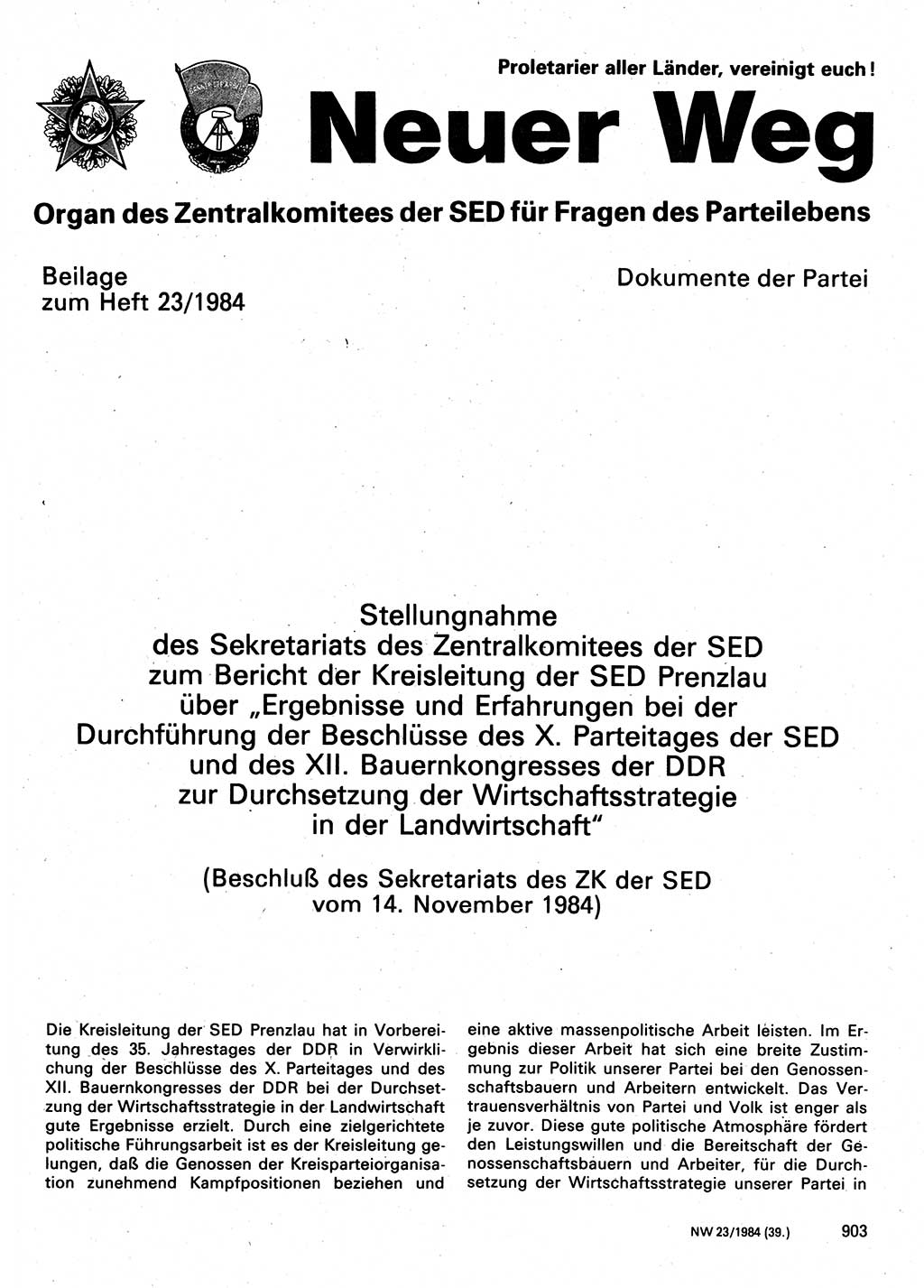Neuer Weg (NW), Organ des Zentralkomitees (ZK) der SED (Sozialistische Einheitspartei Deutschlands) für Fragen des Parteilebens, 39. Jahrgang [Deutsche Demokratische Republik (DDR)] 1984, Seite 903 (NW ZK SED DDR 1984, S. 903)
