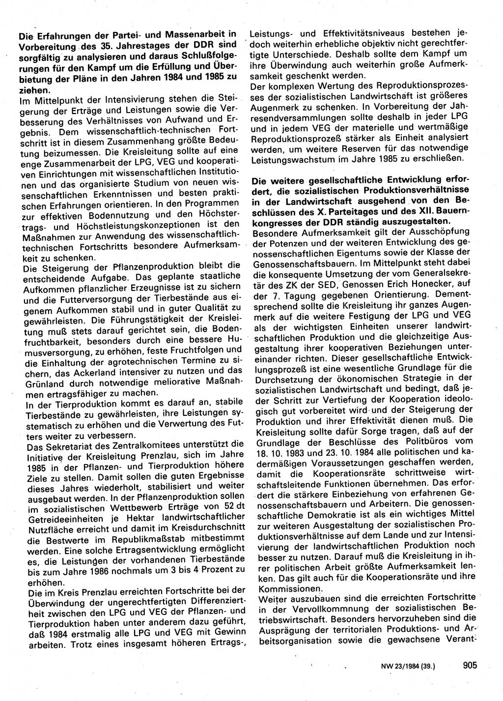 Neuer Weg (NW), Organ des Zentralkomitees (ZK) der SED (Sozialistische Einheitspartei Deutschlands) für Fragen des Parteilebens, 39. Jahrgang [Deutsche Demokratische Republik (DDR)] 1984, Seite 905 (NW ZK SED DDR 1984, S. 905)