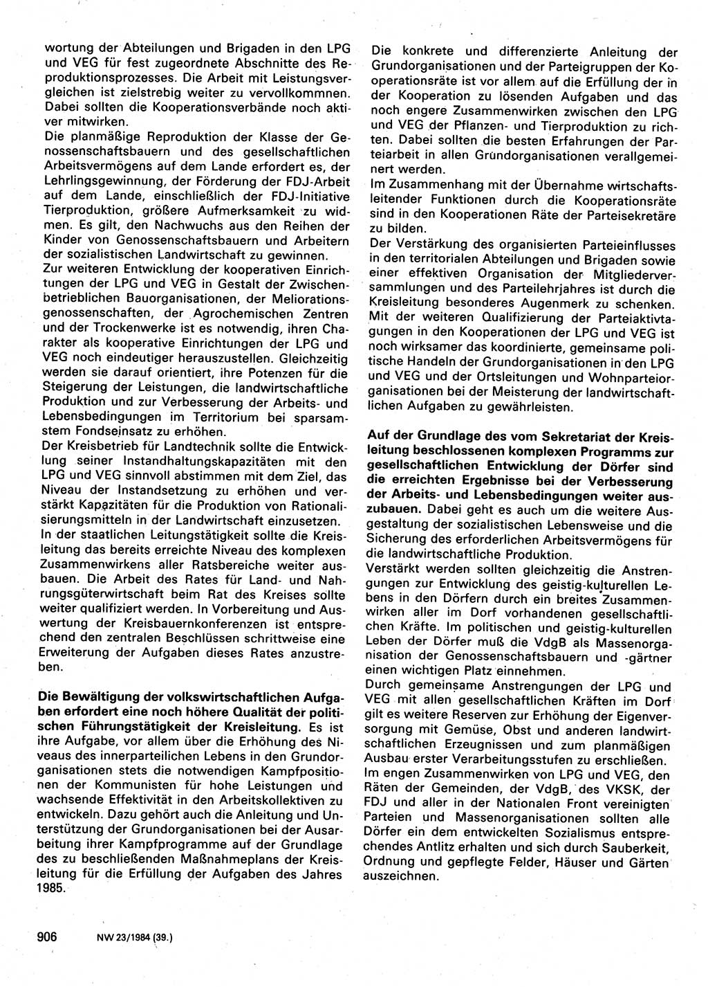 Neuer Weg (NW), Organ des Zentralkomitees (ZK) der SED (Sozialistische Einheitspartei Deutschlands) für Fragen des Parteilebens, 39. Jahrgang [Deutsche Demokratische Republik (DDR)] 1984, Seite 906 (NW ZK SED DDR 1984, S. 906)