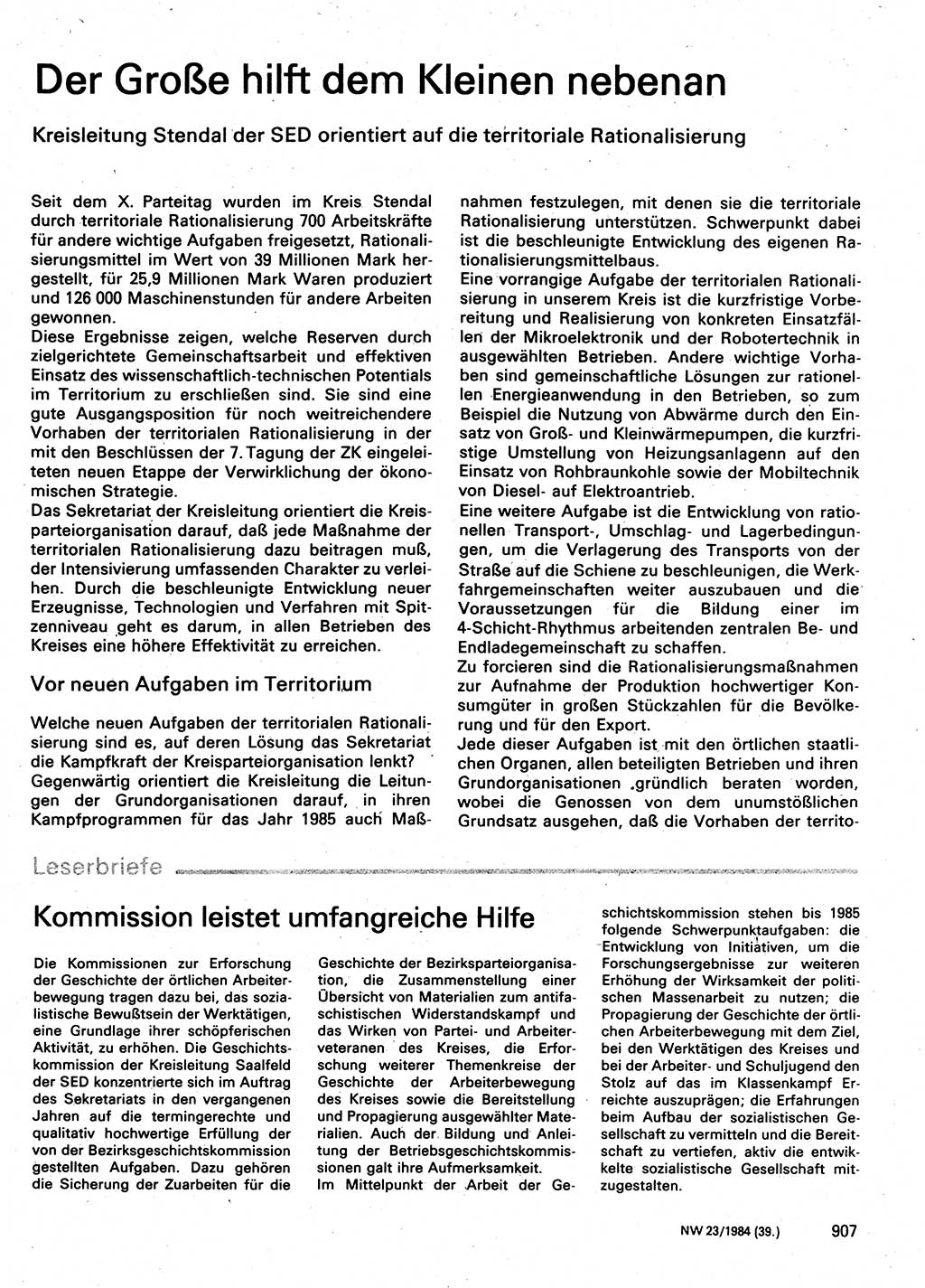 Neuer Weg (NW), Organ des Zentralkomitees (ZK) der SED (Sozialistische Einheitspartei Deutschlands) für Fragen des Parteilebens, 39. Jahrgang [Deutsche Demokratische Republik (DDR)] 1984, Seite 907 (NW ZK SED DDR 1984, S. 907)