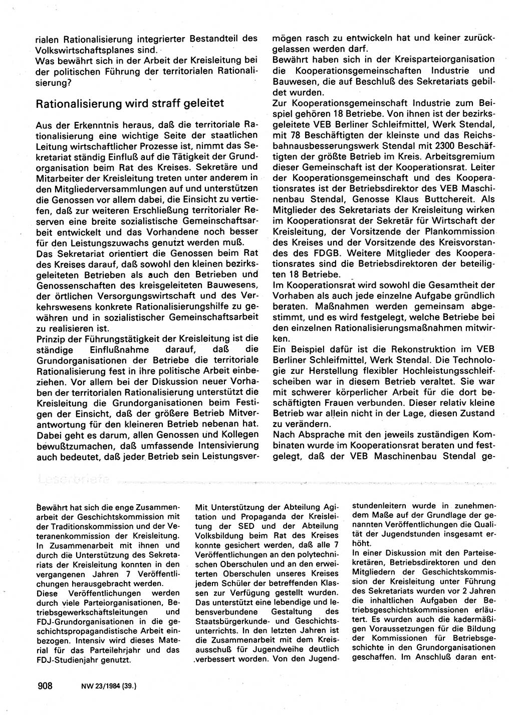 Neuer Weg (NW), Organ des Zentralkomitees (ZK) der SED (Sozialistische Einheitspartei Deutschlands) für Fragen des Parteilebens, 39. Jahrgang [Deutsche Demokratische Republik (DDR)] 1984, Seite 908 (NW ZK SED DDR 1984, S. 908)