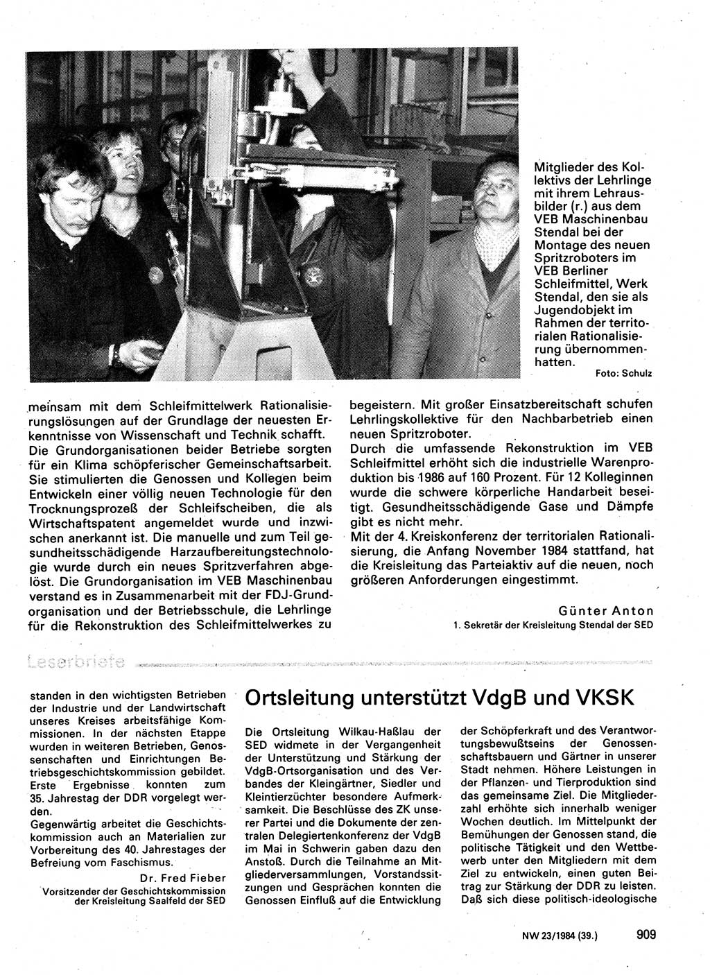 Neuer Weg (NW), Organ des Zentralkomitees (ZK) der SED (Sozialistische Einheitspartei Deutschlands) für Fragen des Parteilebens, 39. Jahrgang [Deutsche Demokratische Republik (DDR)] 1984, Seite 909 (NW ZK SED DDR 1984, S. 909)
