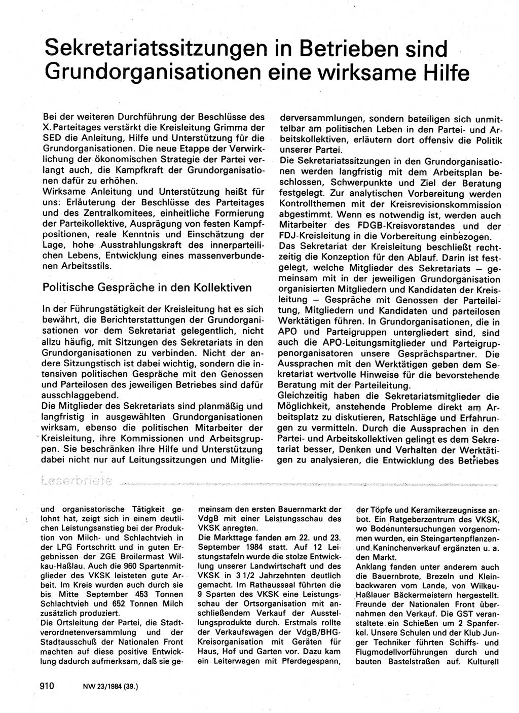 Neuer Weg (NW), Organ des Zentralkomitees (ZK) der SED (Sozialistische Einheitspartei Deutschlands) für Fragen des Parteilebens, 39. Jahrgang [Deutsche Demokratische Republik (DDR)] 1984, Seite 910 (NW ZK SED DDR 1984, S. 910)