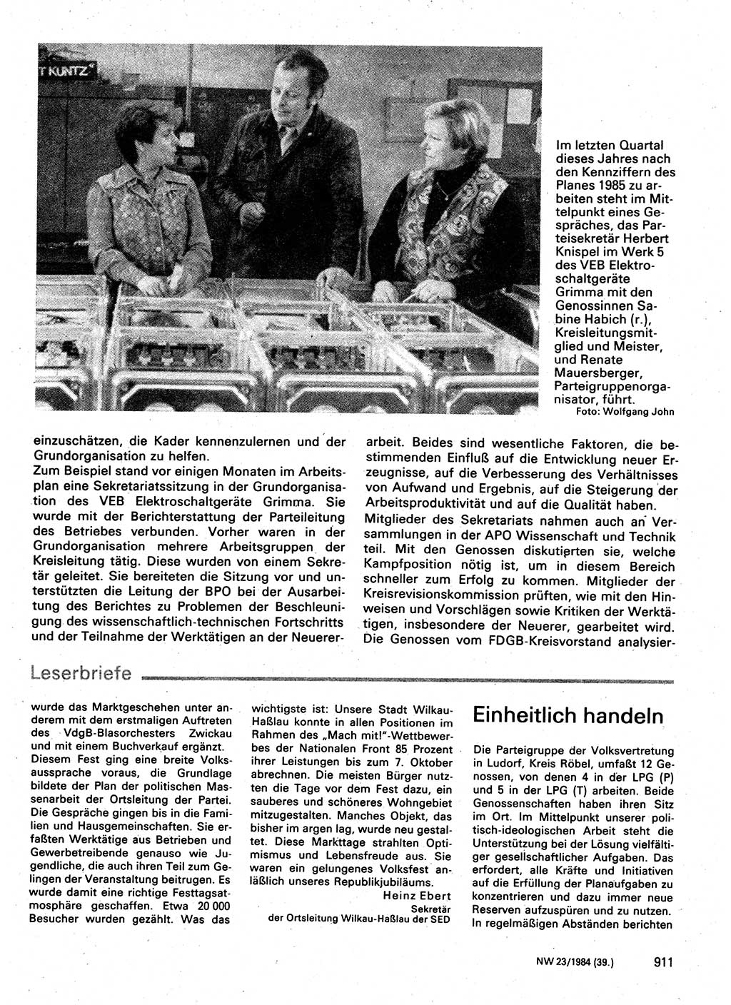 Neuer Weg (NW), Organ des Zentralkomitees (ZK) der SED (Sozialistische Einheitspartei Deutschlands) für Fragen des Parteilebens, 39. Jahrgang [Deutsche Demokratische Republik (DDR)] 1984, Seite 911 (NW ZK SED DDR 1984, S. 911)