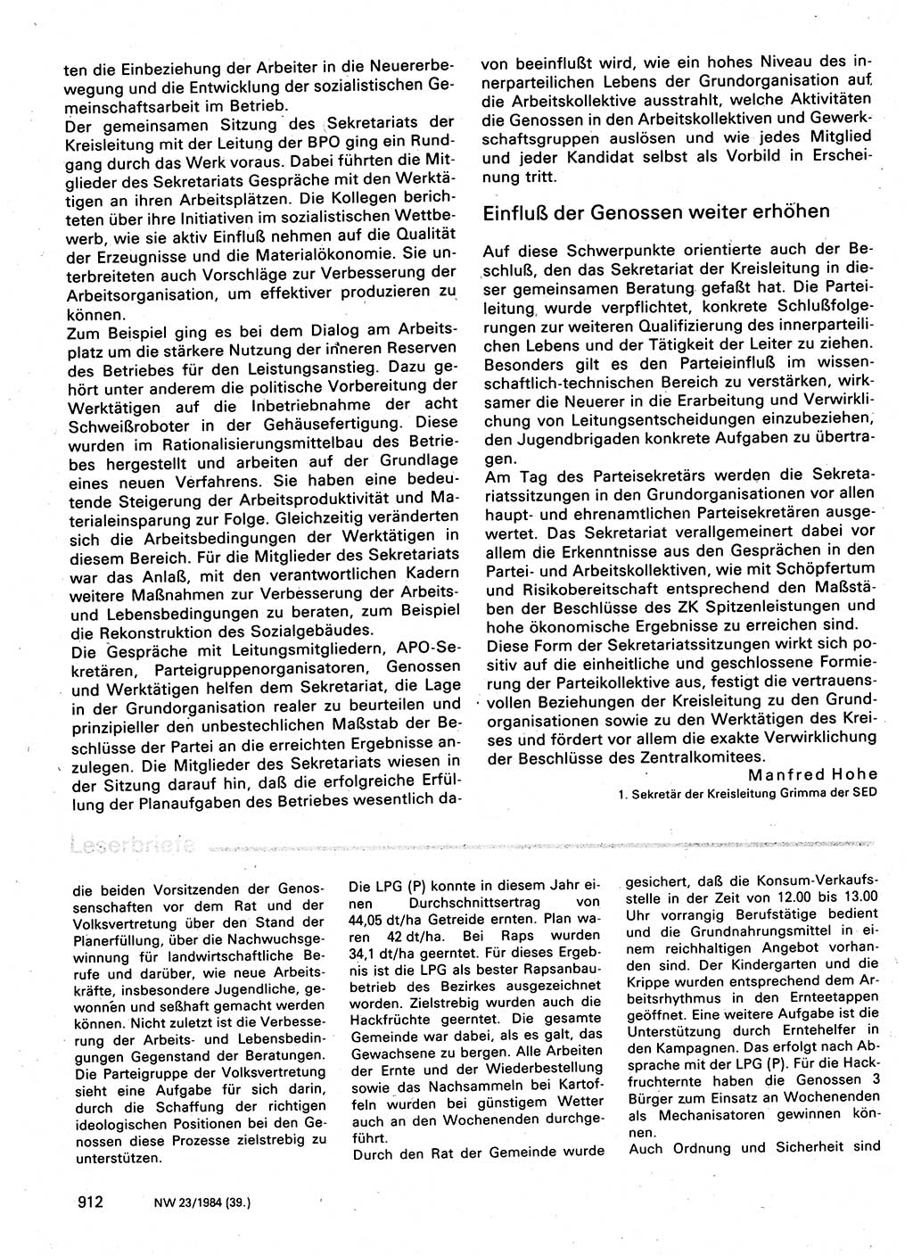 Neuer Weg (NW), Organ des Zentralkomitees (ZK) der SED (Sozialistische Einheitspartei Deutschlands) für Fragen des Parteilebens, 39. Jahrgang [Deutsche Demokratische Republik (DDR)] 1984, Seite 912 (NW ZK SED DDR 1984, S. 912)
