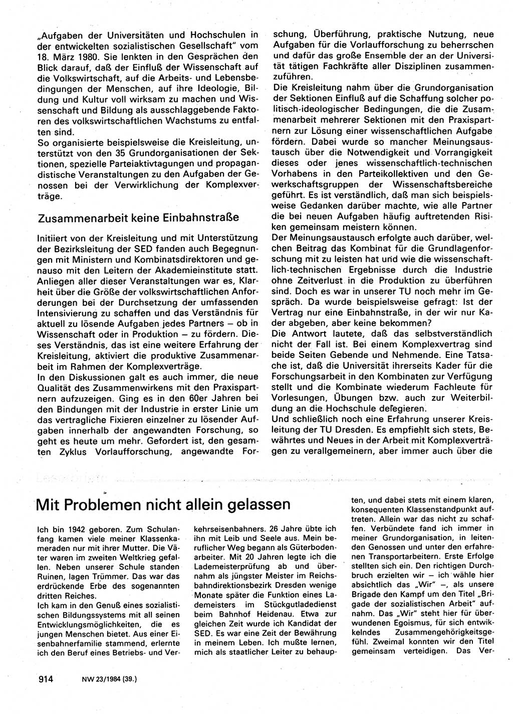 Neuer Weg (NW), Organ des Zentralkomitees (ZK) der SED (Sozialistische Einheitspartei Deutschlands) für Fragen des Parteilebens, 39. Jahrgang [Deutsche Demokratische Republik (DDR)] 1984, Seite 914 (NW ZK SED DDR 1984, S. 914)