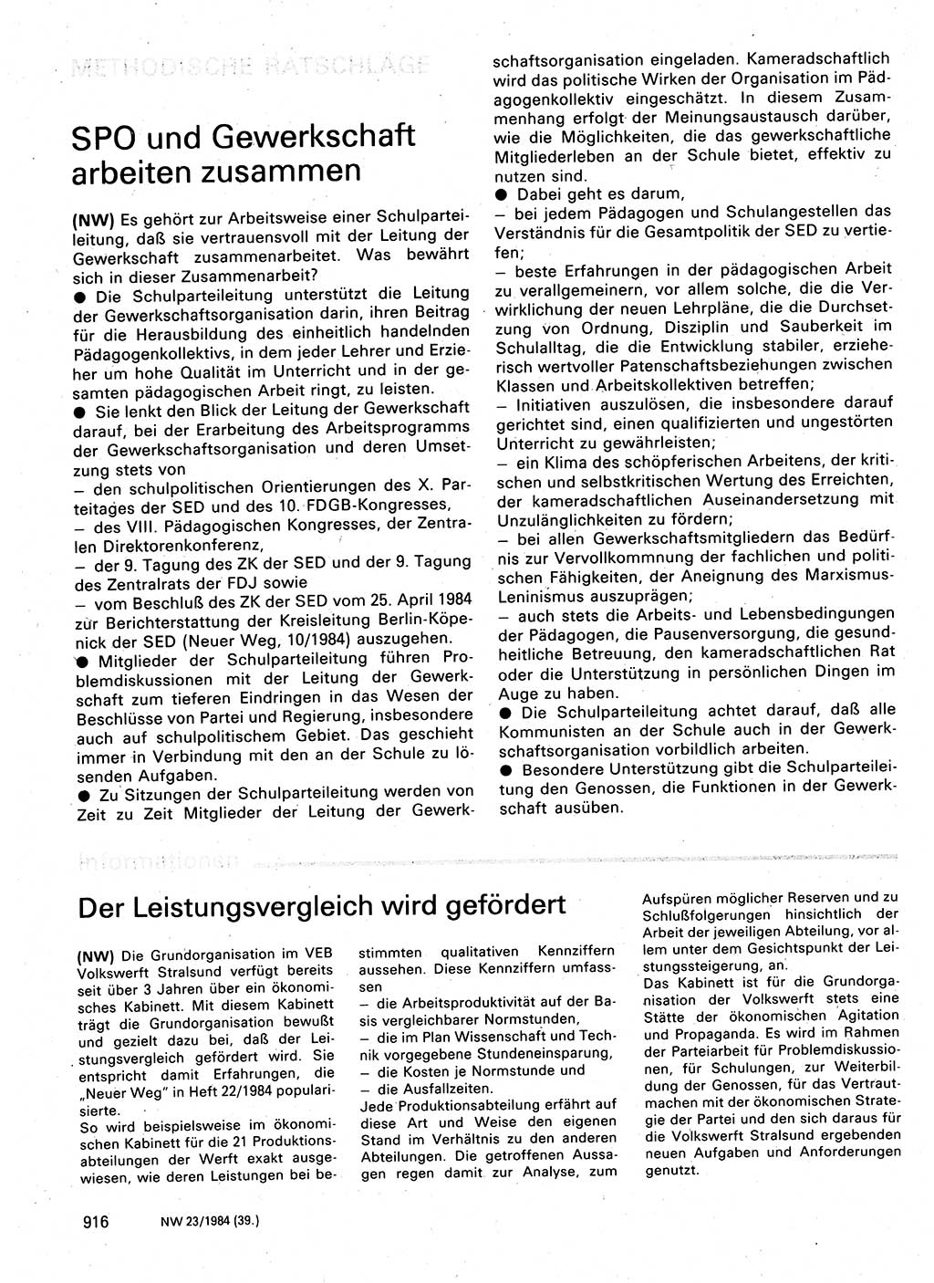 Neuer Weg (NW), Organ des Zentralkomitees (ZK) der SED (Sozialistische Einheitspartei Deutschlands) für Fragen des Parteilebens, 39. Jahrgang [Deutsche Demokratische Republik (DDR)] 1984, Seite 916 (NW ZK SED DDR 1984, S. 916)