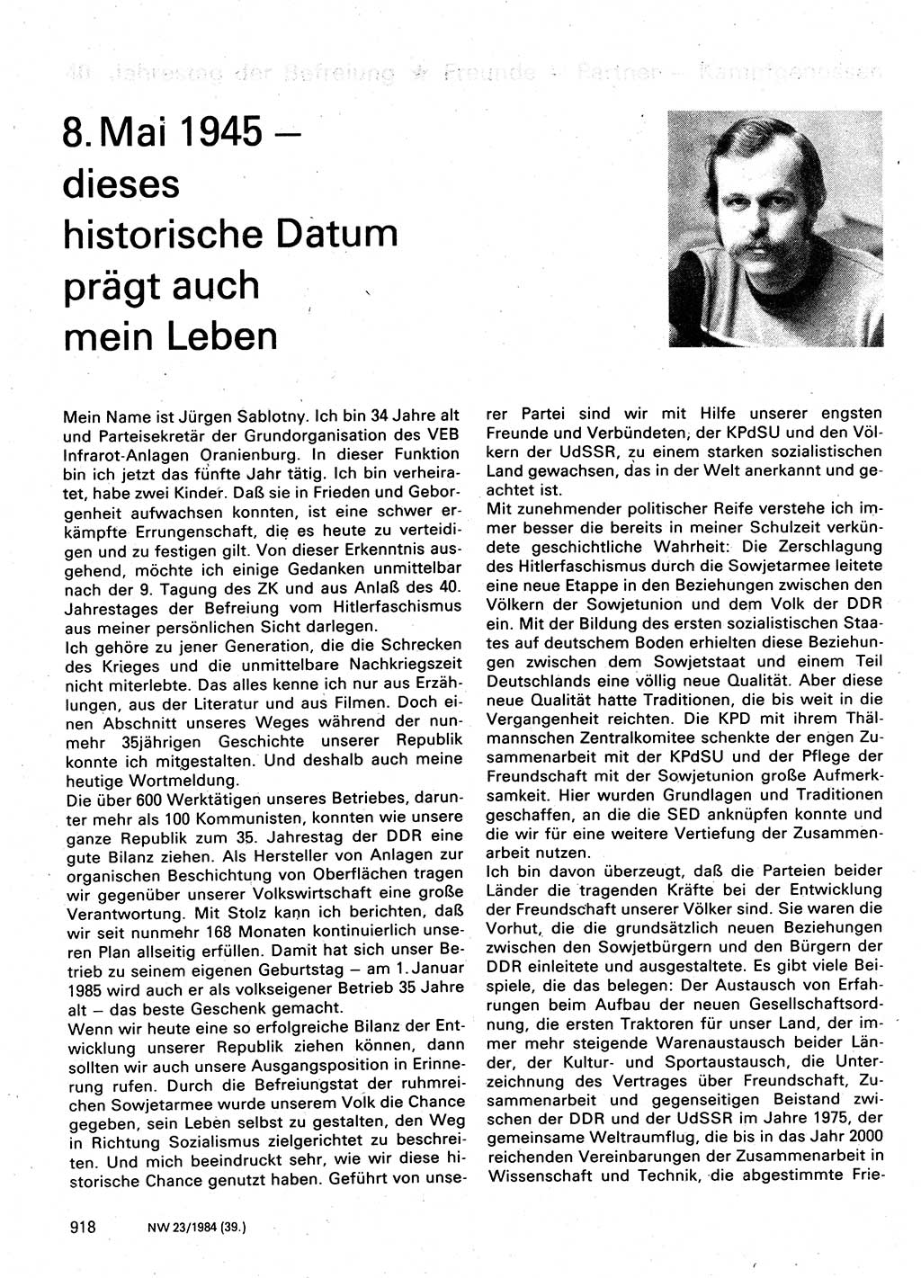 Neuer Weg (NW), Organ des Zentralkomitees (ZK) der SED (Sozialistische Einheitspartei Deutschlands) für Fragen des Parteilebens, 39. Jahrgang [Deutsche Demokratische Republik (DDR)] 1984, Seite 918 (NW ZK SED DDR 1984, S. 918)