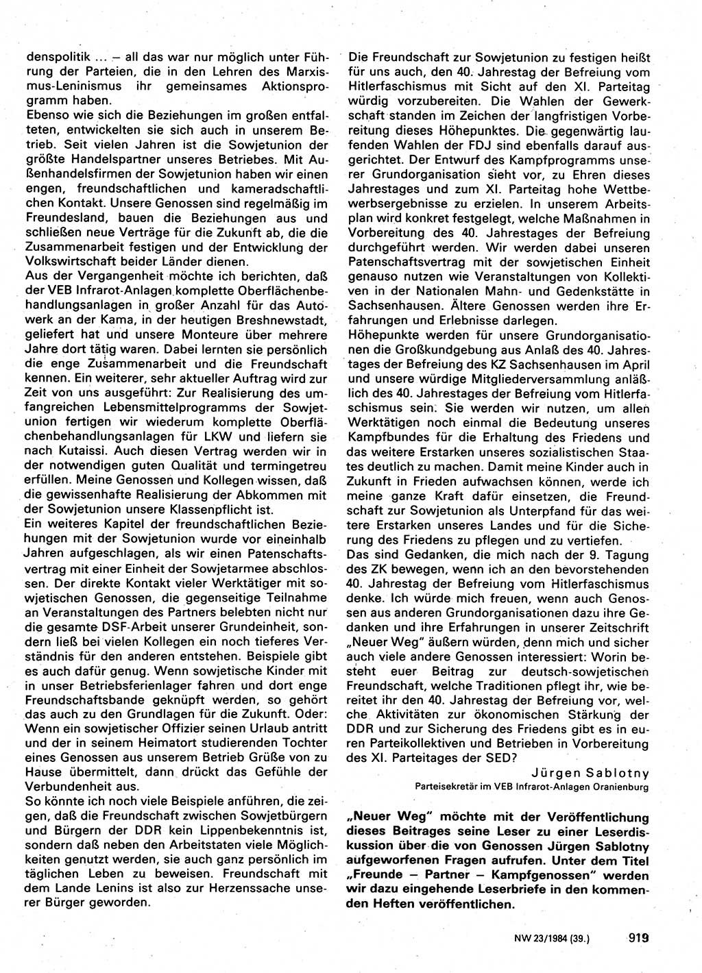Neuer Weg (NW), Organ des Zentralkomitees (ZK) der SED (Sozialistische Einheitspartei Deutschlands) für Fragen des Parteilebens, 39. Jahrgang [Deutsche Demokratische Republik (DDR)] 1984, Seite 919 (NW ZK SED DDR 1984, S. 919)