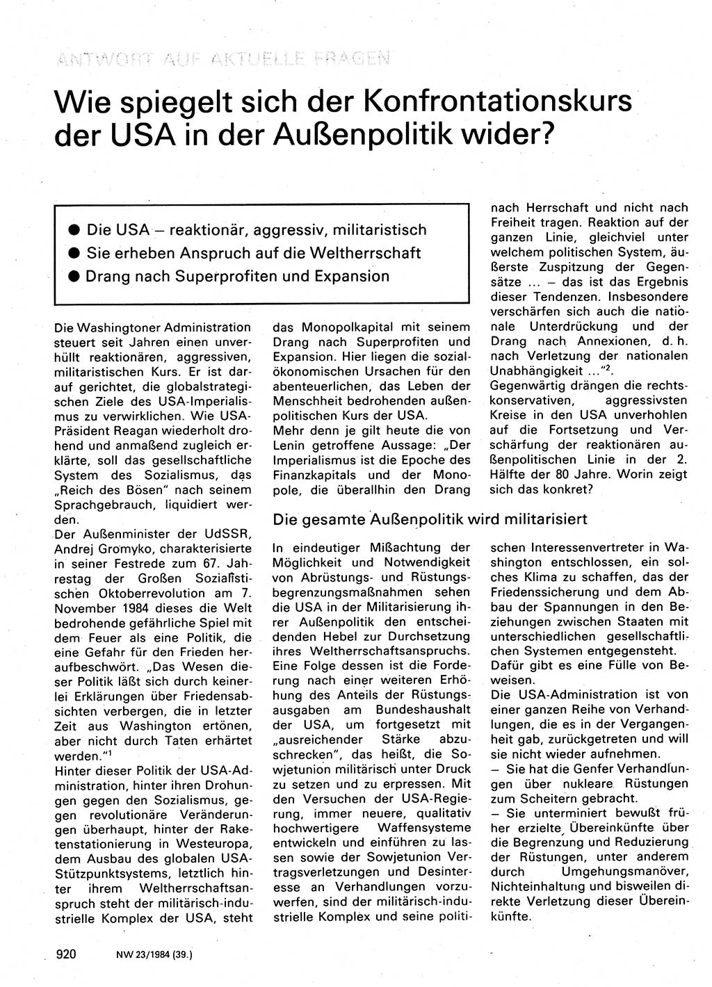 Neuer Weg (NW), Organ des Zentralkomitees (ZK) der SED (Sozialistische Einheitspartei Deutschlands) für Fragen des Parteilebens, 39. Jahrgang [Deutsche Demokratische Republik (DDR)] 1984, Seite 920 (NW ZK SED DDR 1984, S. 920)