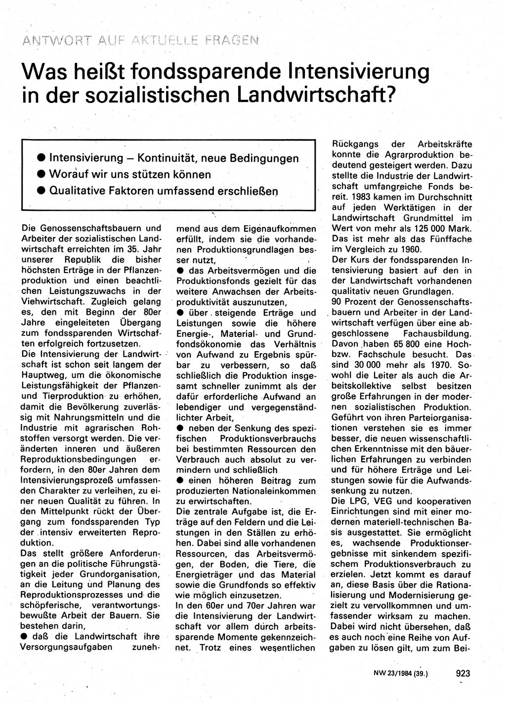 Neuer Weg (NW), Organ des Zentralkomitees (ZK) der SED (Sozialistische Einheitspartei Deutschlands) für Fragen des Parteilebens, 39. Jahrgang [Deutsche Demokratische Republik (DDR)] 1984, Seite 923 (NW ZK SED DDR 1984, S. 923)