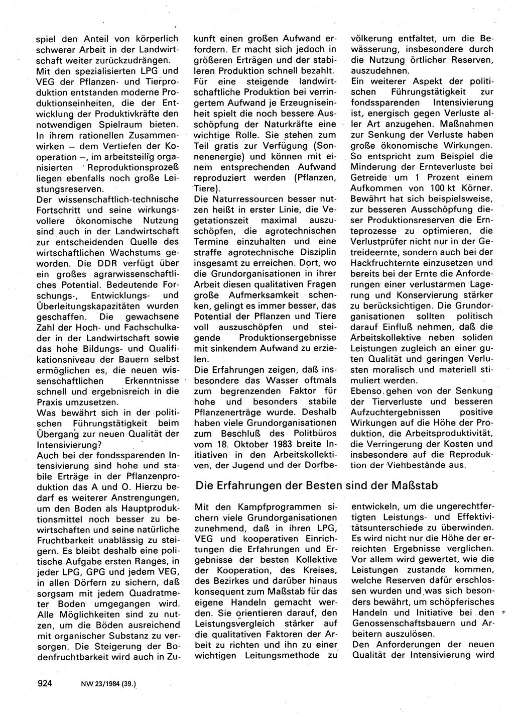 Neuer Weg (NW), Organ des Zentralkomitees (ZK) der SED (Sozialistische Einheitspartei Deutschlands) für Fragen des Parteilebens, 39. Jahrgang [Deutsche Demokratische Republik (DDR)] 1984, Seite 924 (NW ZK SED DDR 1984, S. 924)
