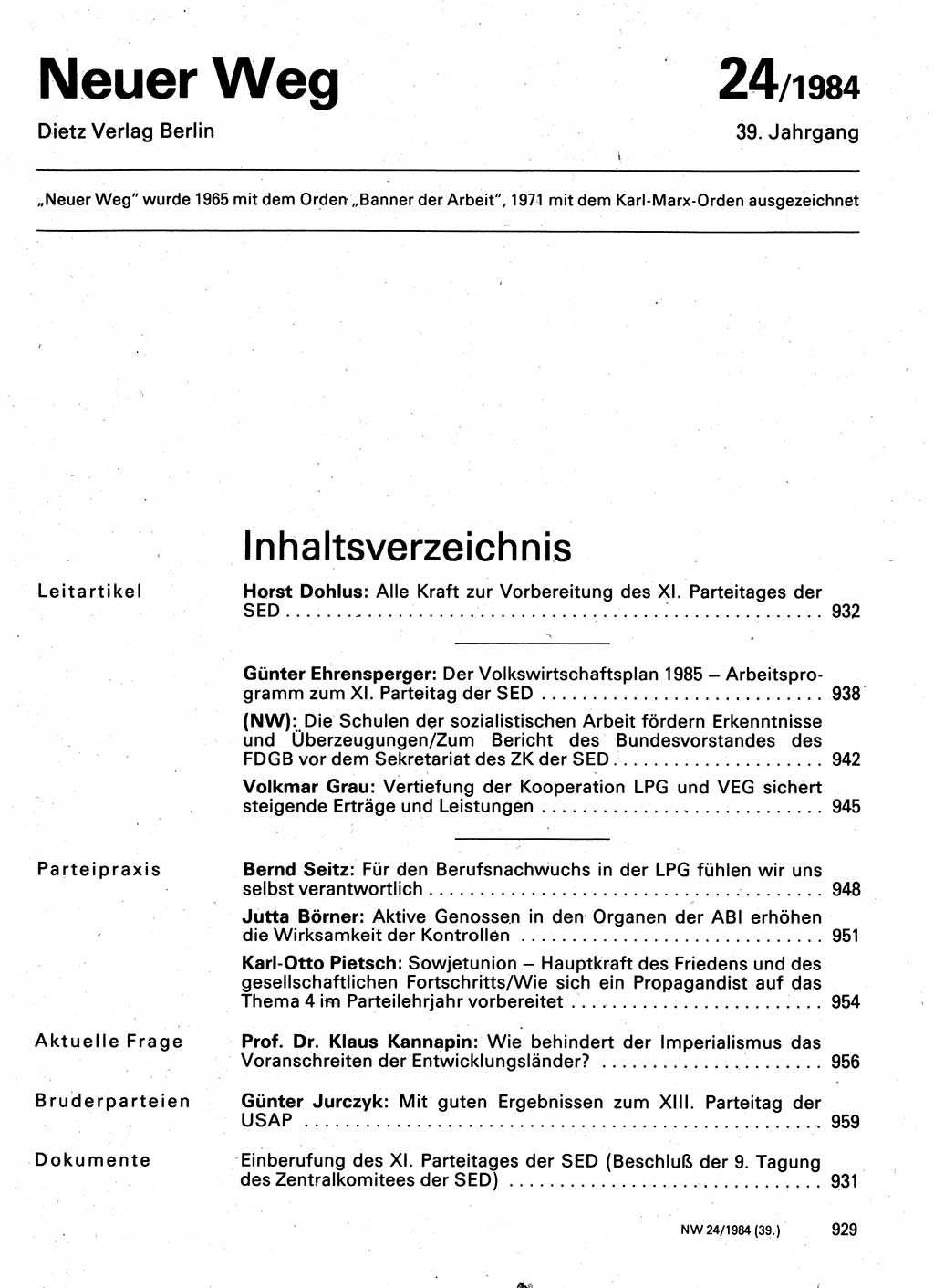 Neuer Weg (NW), Organ des Zentralkomitees (ZK) der SED (Sozialistische Einheitspartei Deutschlands) für Fragen des Parteilebens, 39. Jahrgang [Deutsche Demokratische Republik (DDR)] 1984, Seite 929 (NW ZK SED DDR 1984, S. 929)