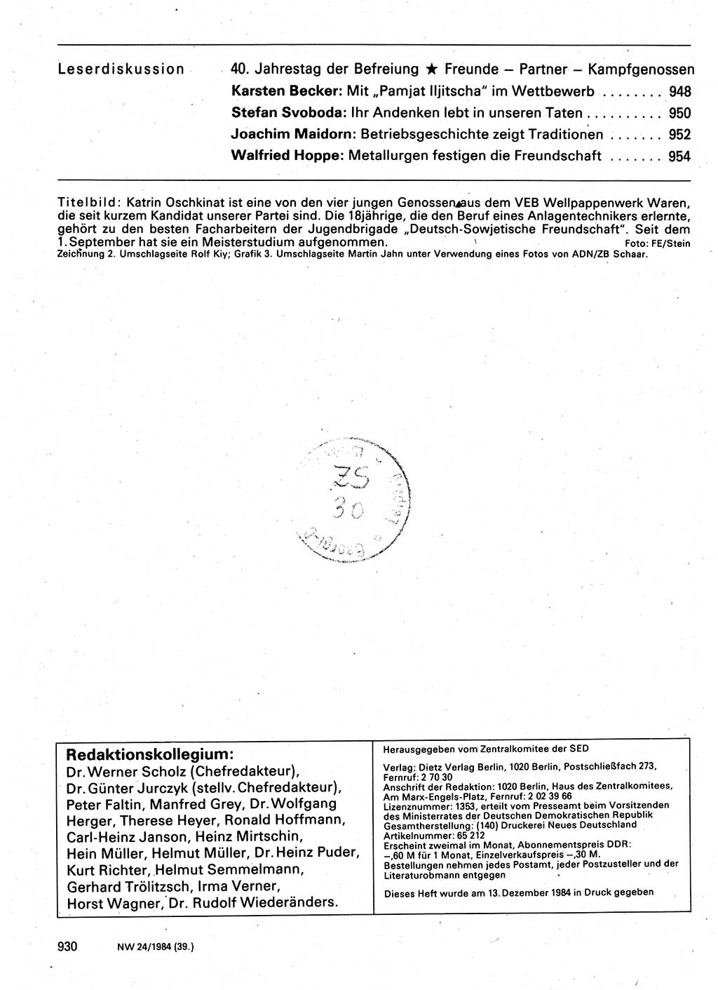 Neuer Weg (NW), Organ des Zentralkomitees (ZK) der SED (Sozialistische Einheitspartei Deutschlands) für Fragen des Parteilebens, 39. Jahrgang [Deutsche Demokratische Republik (DDR)] 1984, Seite 930 (NW ZK SED DDR 1984, S. 930)