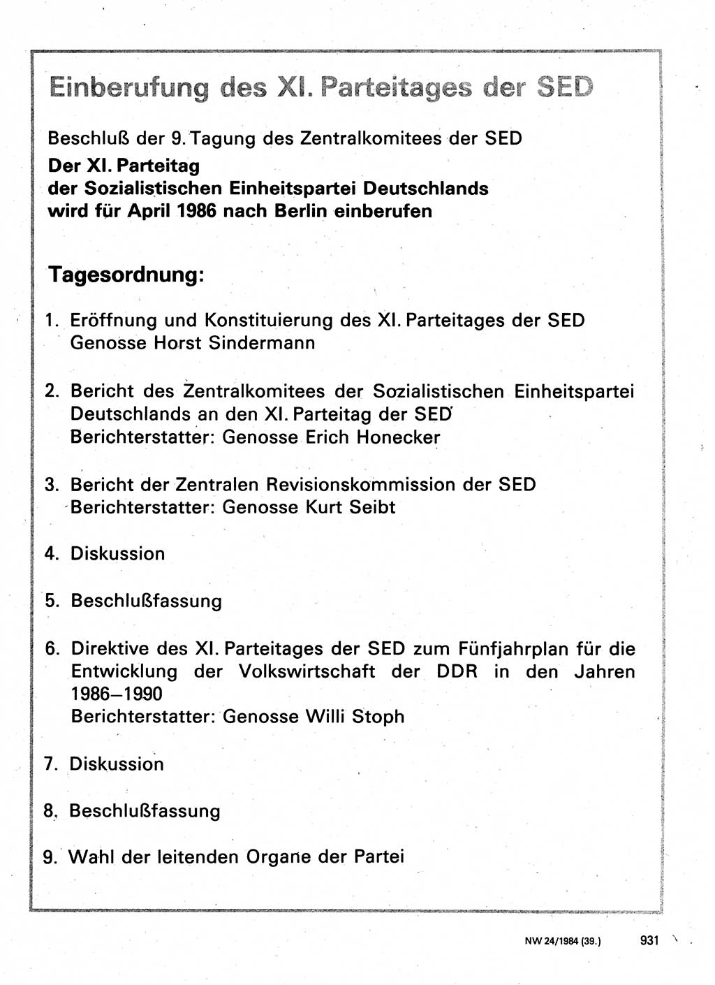 Neuer Weg (NW), Organ des Zentralkomitees (ZK) der SED (Sozialistische Einheitspartei Deutschlands) für Fragen des Parteilebens, 39. Jahrgang [Deutsche Demokratische Republik (DDR)] 1984, Seite 931 (NW ZK SED DDR 1984, S. 931)