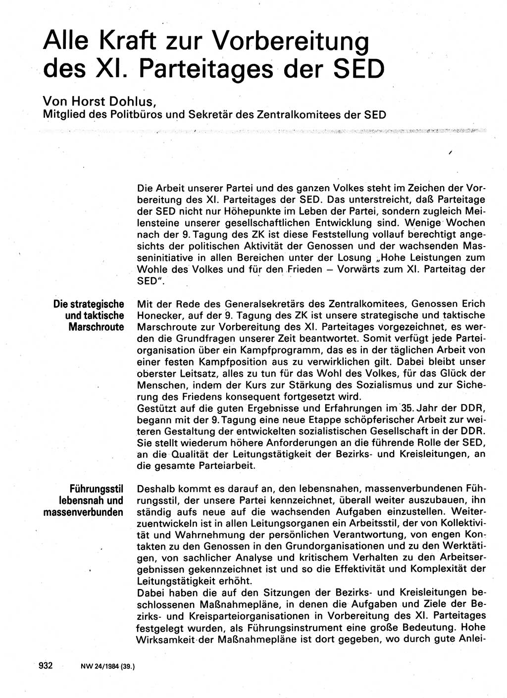 Neuer Weg (NW), Organ des Zentralkomitees (ZK) der SED (Sozialistische Einheitspartei Deutschlands) für Fragen des Parteilebens, 39. Jahrgang [Deutsche Demokratische Republik (DDR)] 1984, Seite 932 (NW ZK SED DDR 1984, S. 932)