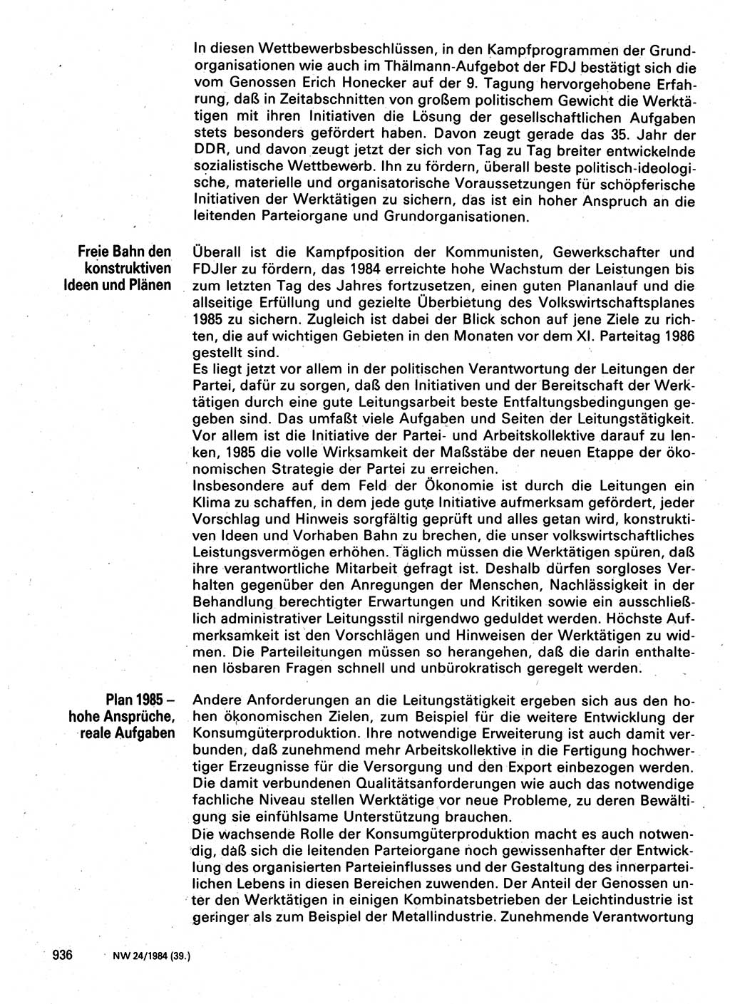 Neuer Weg (NW), Organ des Zentralkomitees (ZK) der SED (Sozialistische Einheitspartei Deutschlands) für Fragen des Parteilebens, 39. Jahrgang [Deutsche Demokratische Republik (DDR)] 1984, Seite 936 (NW ZK SED DDR 1984, S. 936)