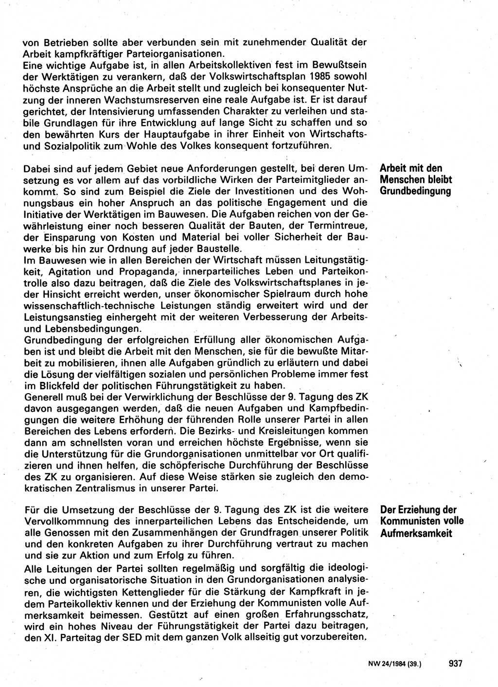 Neuer Weg (NW), Organ des Zentralkomitees (ZK) der SED (Sozialistische Einheitspartei Deutschlands) für Fragen des Parteilebens, 39. Jahrgang [Deutsche Demokratische Republik (DDR)] 1984, Seite 937 (NW ZK SED DDR 1984, S. 937)