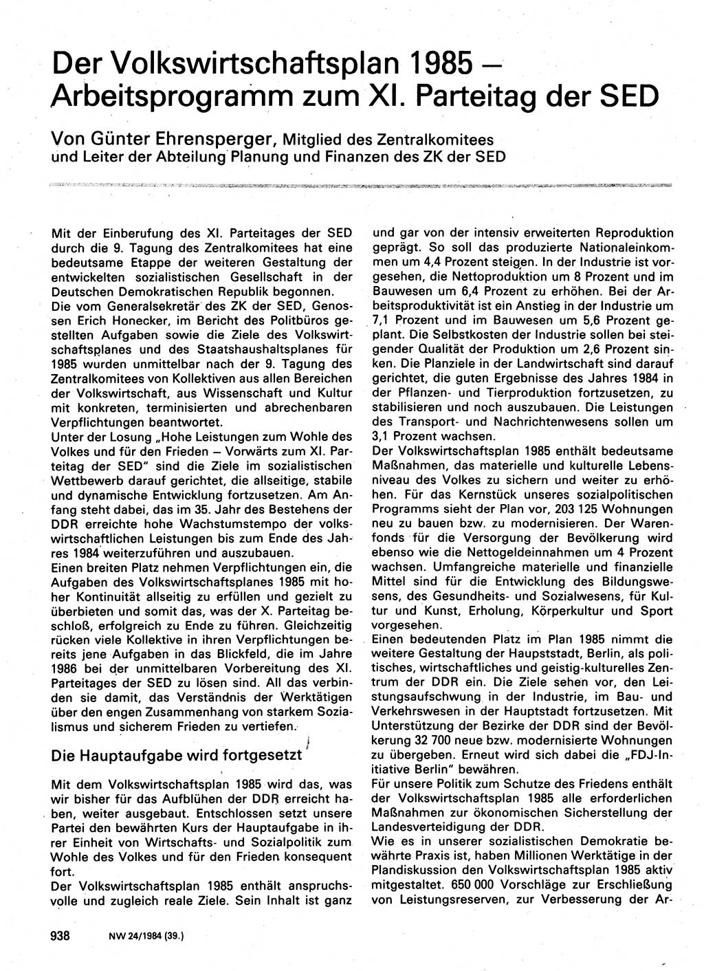 Neuer Weg (NW), Organ des Zentralkomitees (ZK) der SED (Sozialistische Einheitspartei Deutschlands) für Fragen des Parteilebens, 39. Jahrgang [Deutsche Demokratische Republik (DDR)] 1984, Seite 938 (NW ZK SED DDR 1984, S. 938)