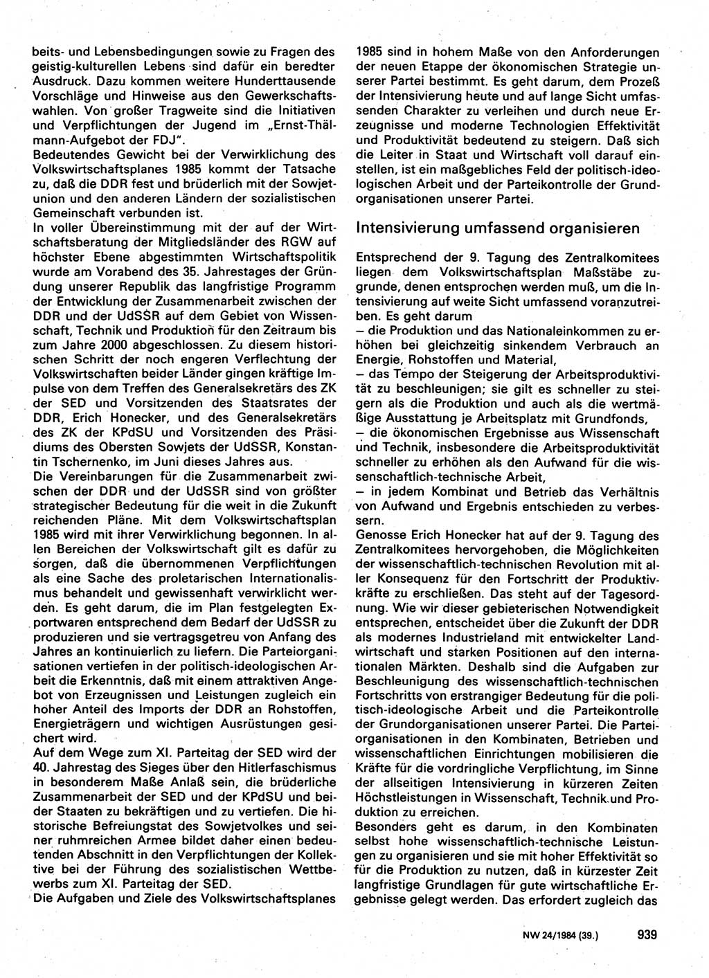 Neuer Weg (NW), Organ des Zentralkomitees (ZK) der SED (Sozialistische Einheitspartei Deutschlands) für Fragen des Parteilebens, 39. Jahrgang [Deutsche Demokratische Republik (DDR)] 1984, Seite 939 (NW ZK SED DDR 1984, S. 939)