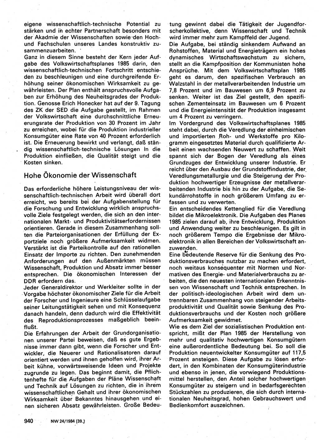 Neuer Weg (NW), Organ des Zentralkomitees (ZK) der SED (Sozialistische Einheitspartei Deutschlands) für Fragen des Parteilebens, 39. Jahrgang [Deutsche Demokratische Republik (DDR)] 1984, Seite 940 (NW ZK SED DDR 1984, S. 940)