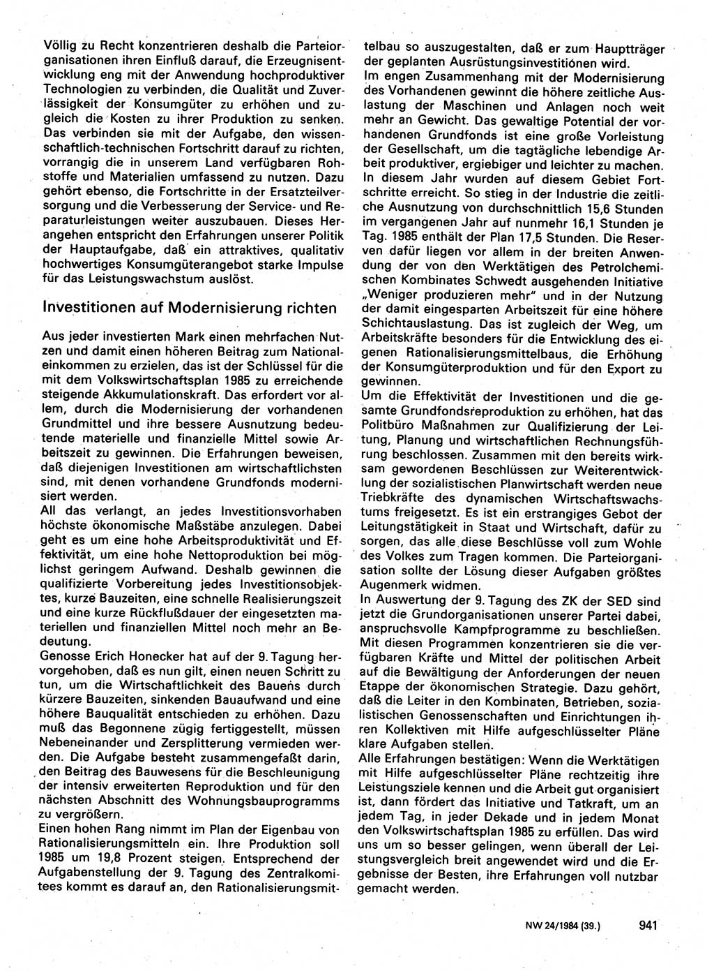 Neuer Weg (NW), Organ des Zentralkomitees (ZK) der SED (Sozialistische Einheitspartei Deutschlands) für Fragen des Parteilebens, 39. Jahrgang [Deutsche Demokratische Republik (DDR)] 1984, Seite 941 (NW ZK SED DDR 1984, S. 941)