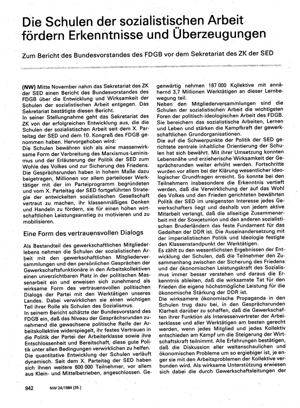 Neuer Weg (NW), Organ des Zentralkomitees (ZK) der SED (Sozialistische Einheitspartei Deutschlands) für Fragen des Parteilebens, 39. Jahrgang [Deutsche Demokratische Republik (DDR)] 1984, Seite 942 (NW ZK SED DDR 1984, S. 942)