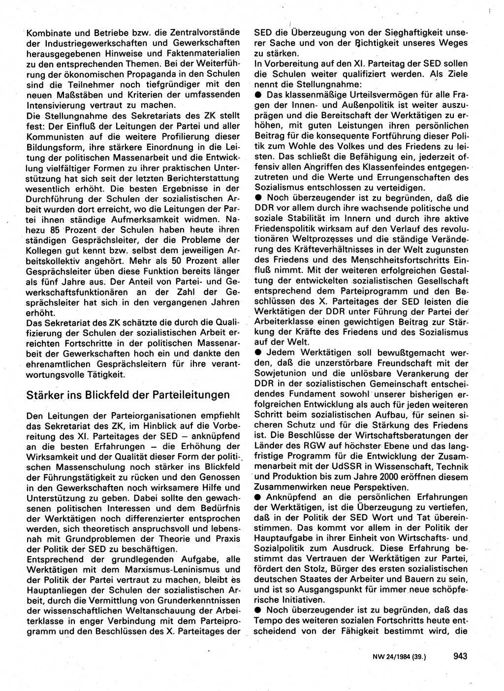 Neuer Weg (NW), Organ des Zentralkomitees (ZK) der SED (Sozialistische Einheitspartei Deutschlands) für Fragen des Parteilebens, 39. Jahrgang [Deutsche Demokratische Republik (DDR)] 1984, Seite 943 (NW ZK SED DDR 1984, S. 943)