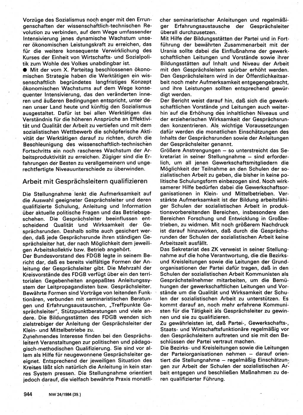 Neuer Weg (NW), Organ des Zentralkomitees (ZK) der SED (Sozialistische Einheitspartei Deutschlands) für Fragen des Parteilebens, 39. Jahrgang [Deutsche Demokratische Republik (DDR)] 1984, Seite 944 (NW ZK SED DDR 1984, S. 944)