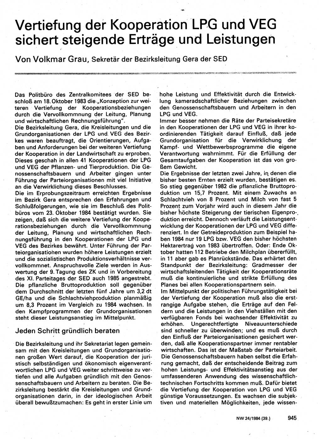 Neuer Weg (NW), Organ des Zentralkomitees (ZK) der SED (Sozialistische Einheitspartei Deutschlands) für Fragen des Parteilebens, 39. Jahrgang [Deutsche Demokratische Republik (DDR)] 1984, Seite 945 (NW ZK SED DDR 1984, S. 945)