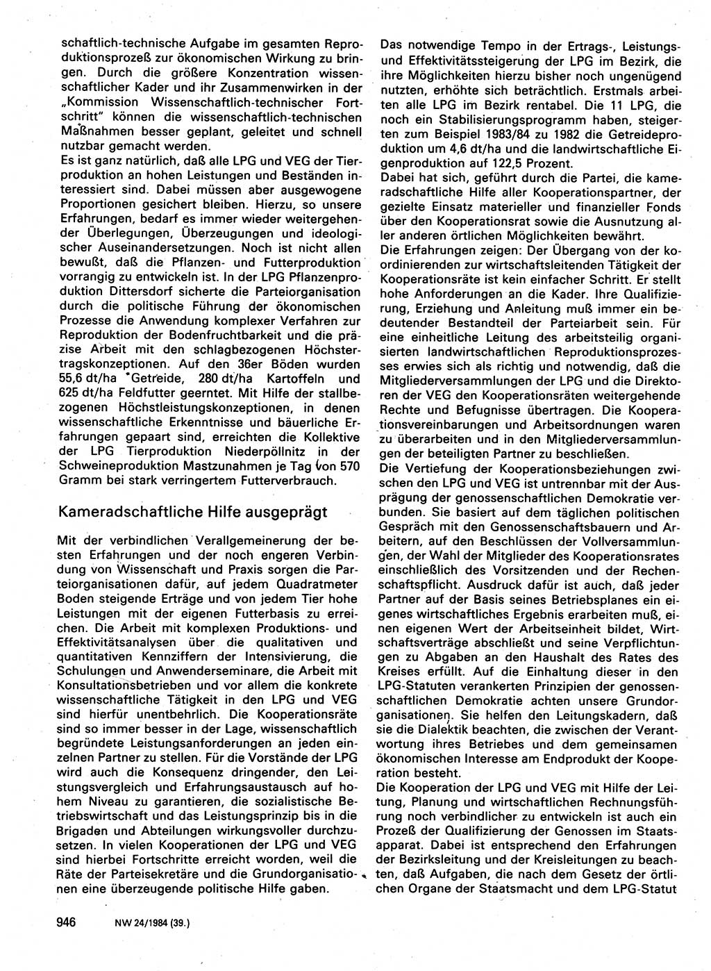 Neuer Weg (NW), Organ des Zentralkomitees (ZK) der SED (Sozialistische Einheitspartei Deutschlands) für Fragen des Parteilebens, 39. Jahrgang [Deutsche Demokratische Republik (DDR)] 1984, Seite 946 (NW ZK SED DDR 1984, S. 946)