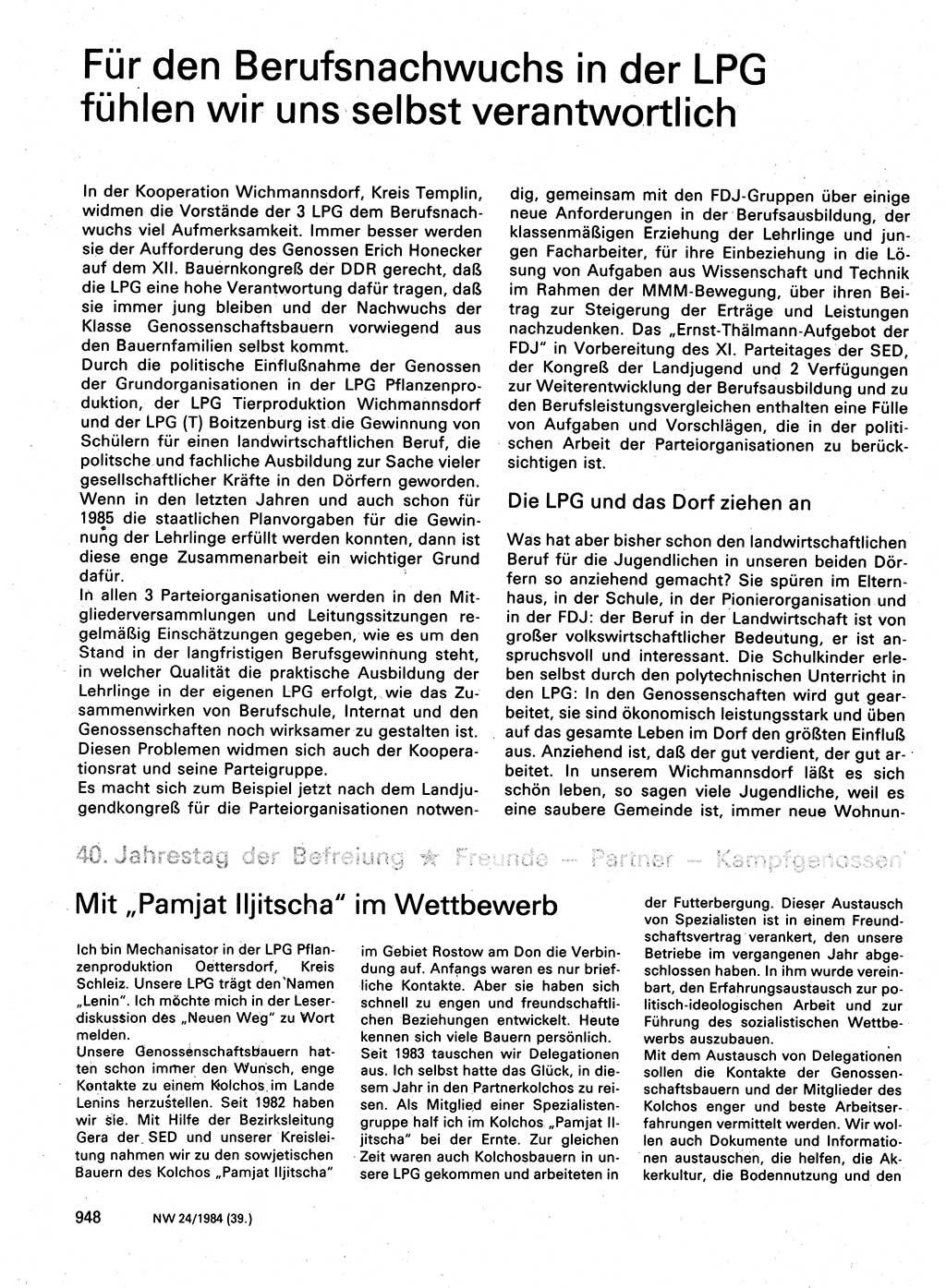 Neuer Weg (NW), Organ des Zentralkomitees (ZK) der SED (Sozialistische Einheitspartei Deutschlands) für Fragen des Parteilebens, 39. Jahrgang [Deutsche Demokratische Republik (DDR)] 1984, Seite 948 (NW ZK SED DDR 1984, S. 948)