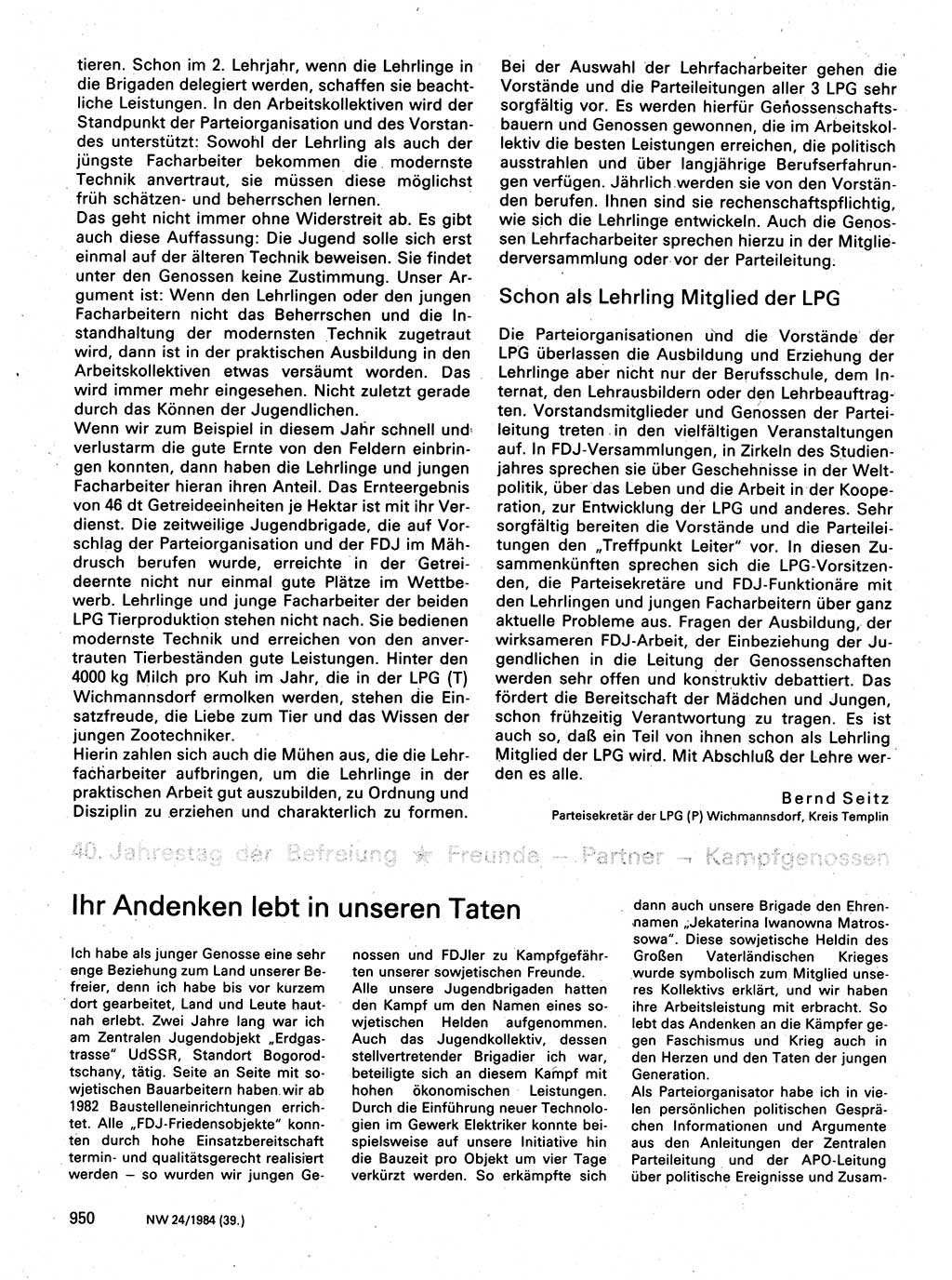 Neuer Weg (NW), Organ des Zentralkomitees (ZK) der SED (Sozialistische Einheitspartei Deutschlands) für Fragen des Parteilebens, 39. Jahrgang [Deutsche Demokratische Republik (DDR)] 1984, Seite 950 (NW ZK SED DDR 1984, S. 950)