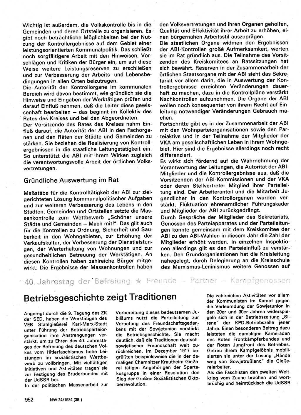 Neuer Weg (NW), Organ des Zentralkomitees (ZK) der SED (Sozialistische Einheitspartei Deutschlands) für Fragen des Parteilebens, 39. Jahrgang [Deutsche Demokratische Republik (DDR)] 1984, Seite 952 (NW ZK SED DDR 1984, S. 952)