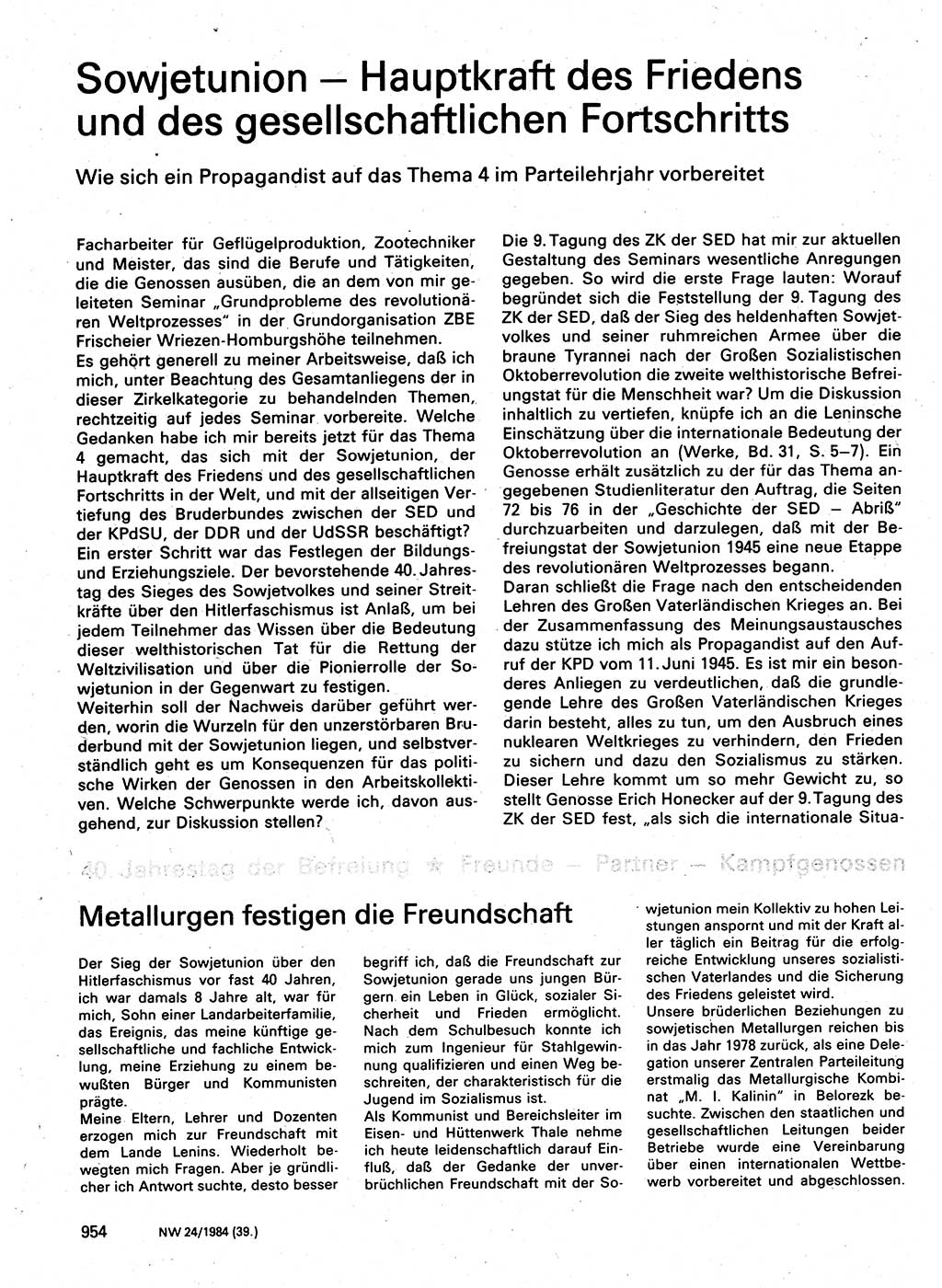 Neuer Weg (NW), Organ des Zentralkomitees (ZK) der SED (Sozialistische Einheitspartei Deutschlands) für Fragen des Parteilebens, 39. Jahrgang [Deutsche Demokratische Republik (DDR)] 1984, Seite 954 (NW ZK SED DDR 1984, S. 954)