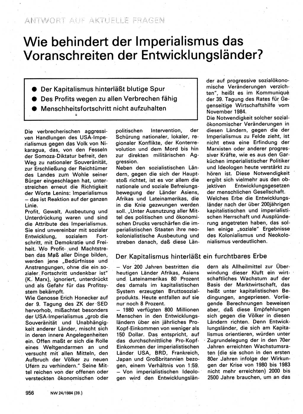 Neuer Weg (NW), Organ des Zentralkomitees (ZK) der SED (Sozialistische Einheitspartei Deutschlands) für Fragen des Parteilebens, 39. Jahrgang [Deutsche Demokratische Republik (DDR)] 1984, Seite 956 (NW ZK SED DDR 1984, S. 956)