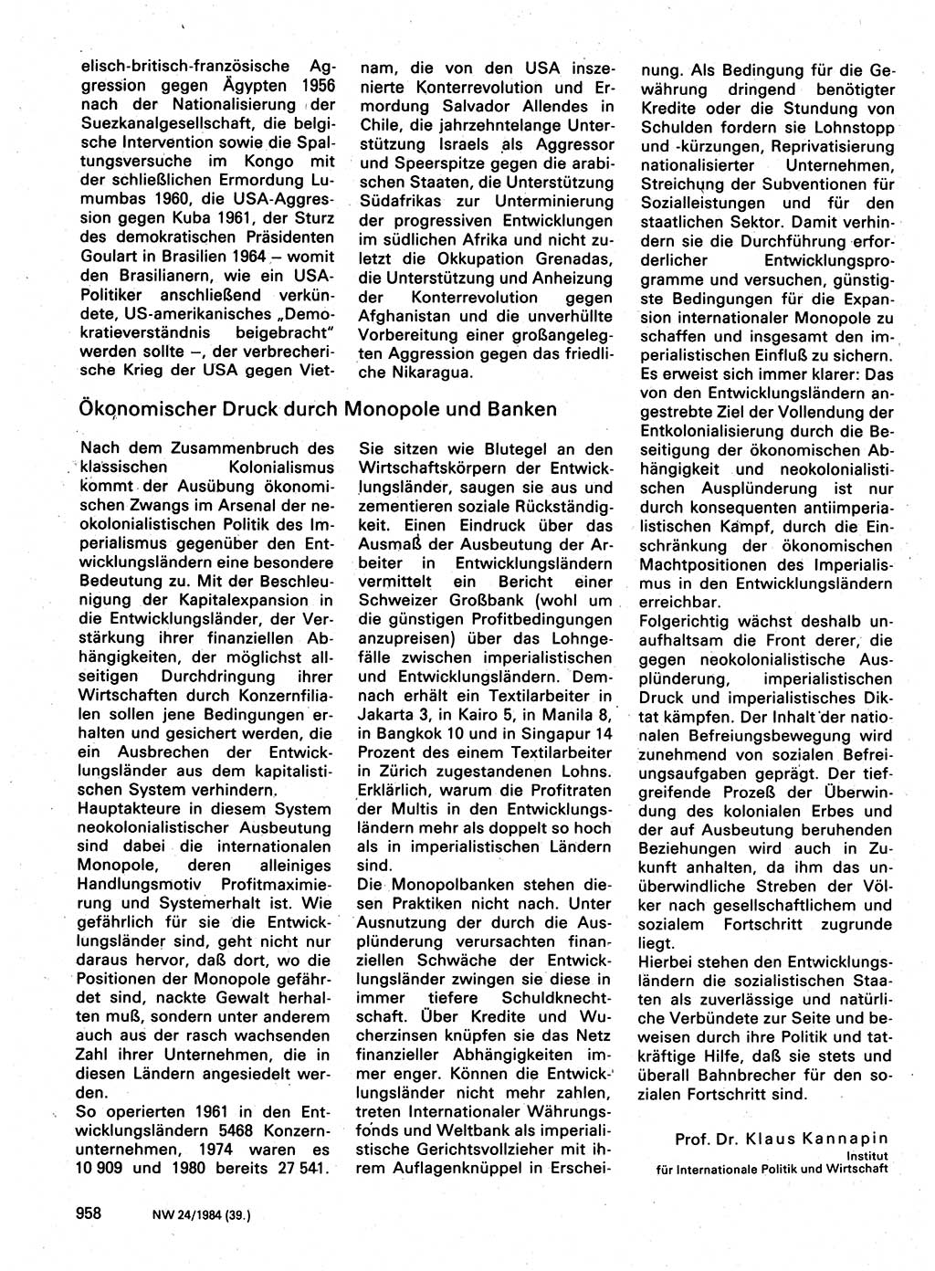 Neuer Weg (NW), Organ des Zentralkomitees (ZK) der SED (Sozialistische Einheitspartei Deutschlands) für Fragen des Parteilebens, 39. Jahrgang [Deutsche Demokratische Republik (DDR)] 1984, Seite 958 (NW ZK SED DDR 1984, S. 958)