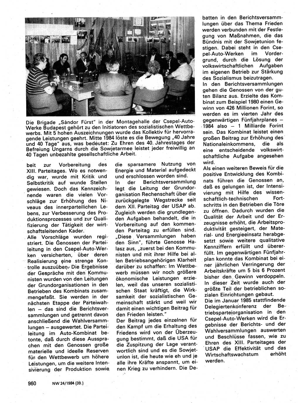 Neuer Weg (NW), Organ des Zentralkomitees (ZK) der SED (Sozialistische Einheitspartei Deutschlands) für Fragen des Parteilebens, 39. Jahrgang [Deutsche Demokratische Republik (DDR)] 1984, Seite 960 (NW ZK SED DDR 1984, S. 960)