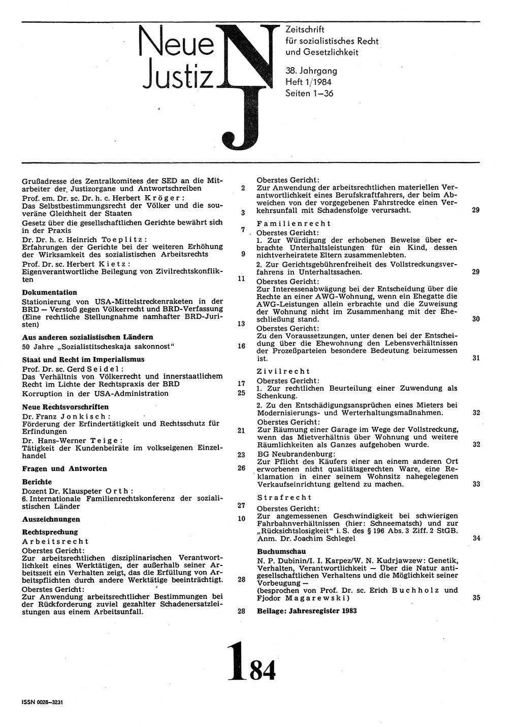 Neue Justiz (NJ), Zeitschrift für sozialistisches Recht und Gesetzlichkeit [Deutsche Demokratische Republik (DDR)], 38. Jahrgang 1984, Seite 1 (NJ DDR 1984, S. 1)