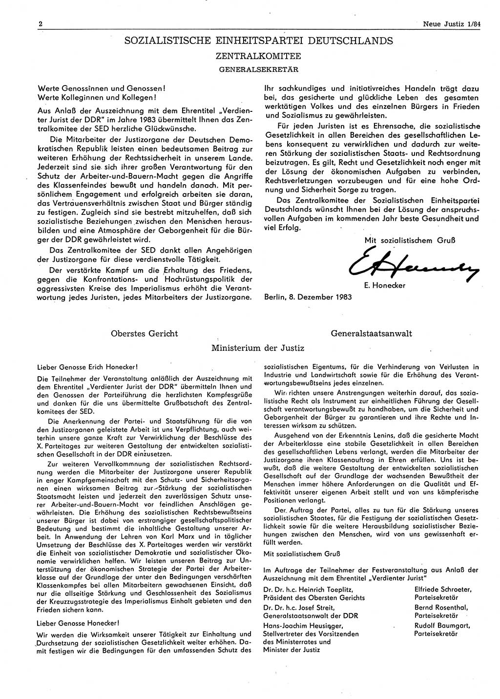 Neue Justiz (NJ), Zeitschrift für sozialistisches Recht und Gesetzlichkeit [Deutsche Demokratische Republik (DDR)], 38. Jahrgang 1984, Seite 2 (NJ DDR 1984, S. 2)